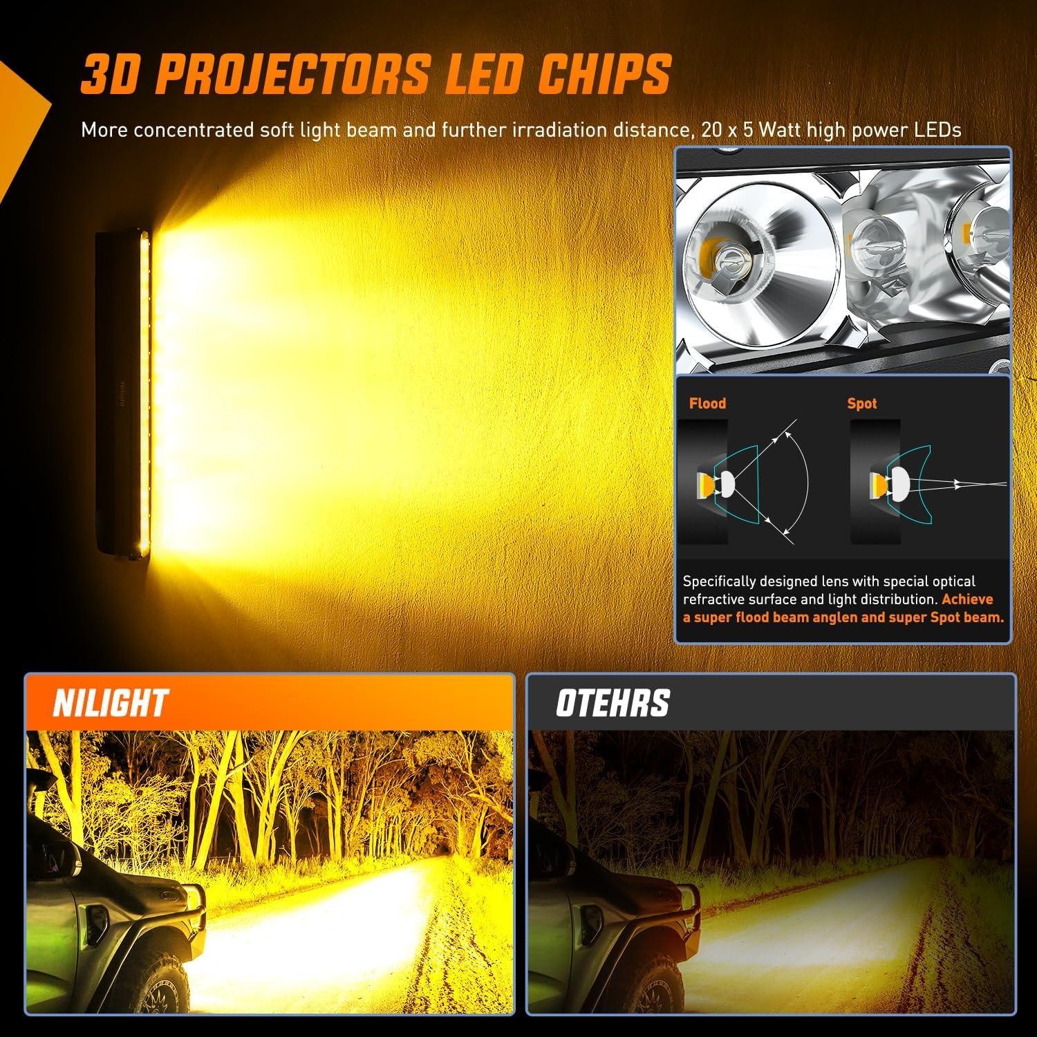 imageNilight  40004CA LED Light Bar 21inch 100W Spot ampamp Flood Combo Single Row 9000LM Off Road 3D LED Fog ampamp Driving Light Roof Bumper Light Bars for Jeep Ford Trucks Boat  2 Years WarrantyAmber