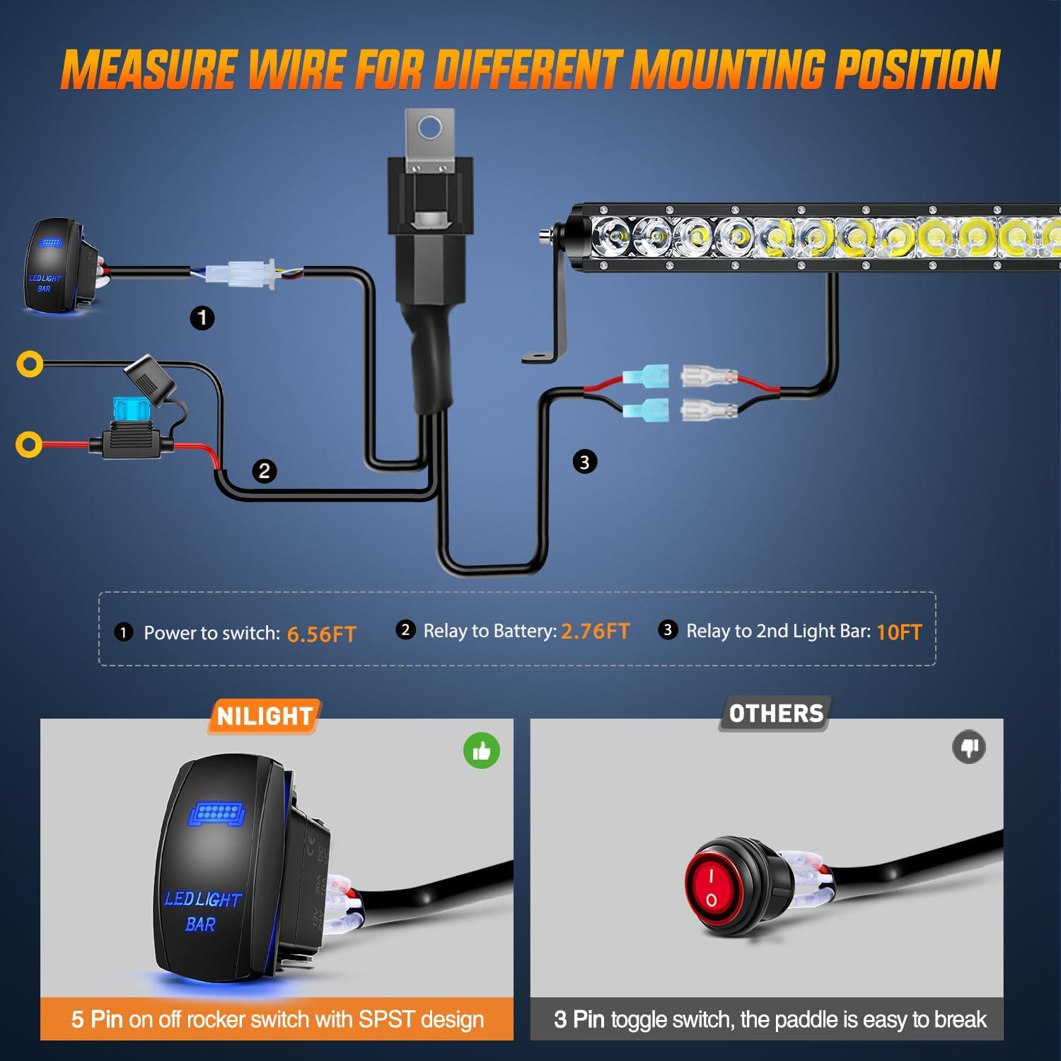 imageNilight  40004CA LED Light Bar 21inch 100W Spot ampamp Flood Combo Single Row 9000LM Off Road 3D LED Fog ampamp Driving Light Roof Bumper Light Bars for Jeep Ford Trucks Boat  2 Years WarrantyWhite Light  Wiring Harness