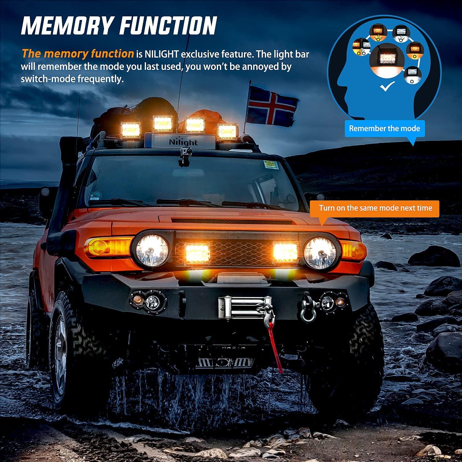 imageNilight 2PCS 4Inch 60W LED Pods Spot Flood Amber White Light Bar Strobe 6 Modes Memory Function OffRoad Truck Car ATV SUV Cabin Boat with 16AWG Wiring Harness Kit2 Lead 2 Years WarrantyAmberWhite 6 Modes