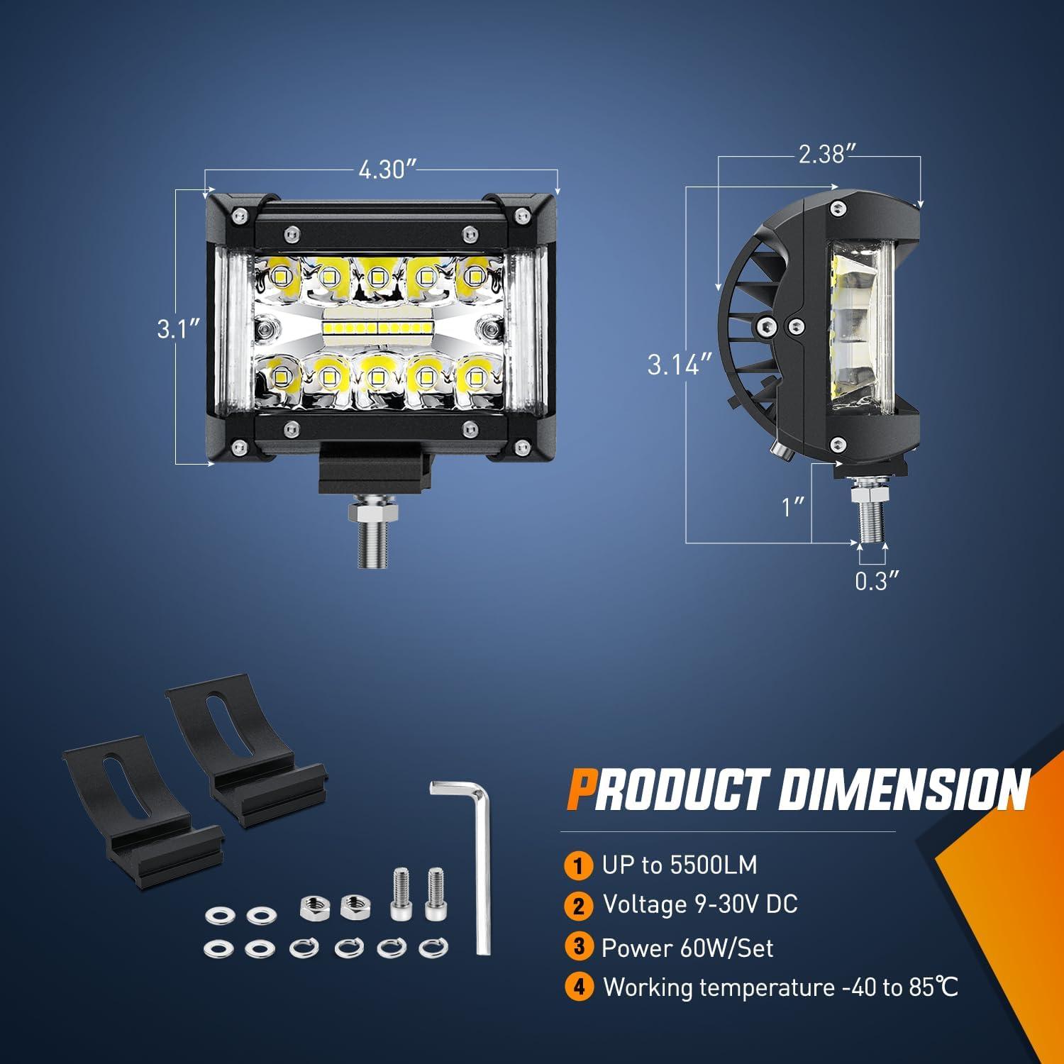 imageNilight 2PCS 4Inch 60W LED Pods Spot Flood Amber White Light Bar Strobe 6 Modes Memory Function OffRoad Truck Car ATV SUV Cabin Boat with 16AWG Wiring Harness Kit2 Lead 2 Years WarrantySide Shooter Light  Wiring harness