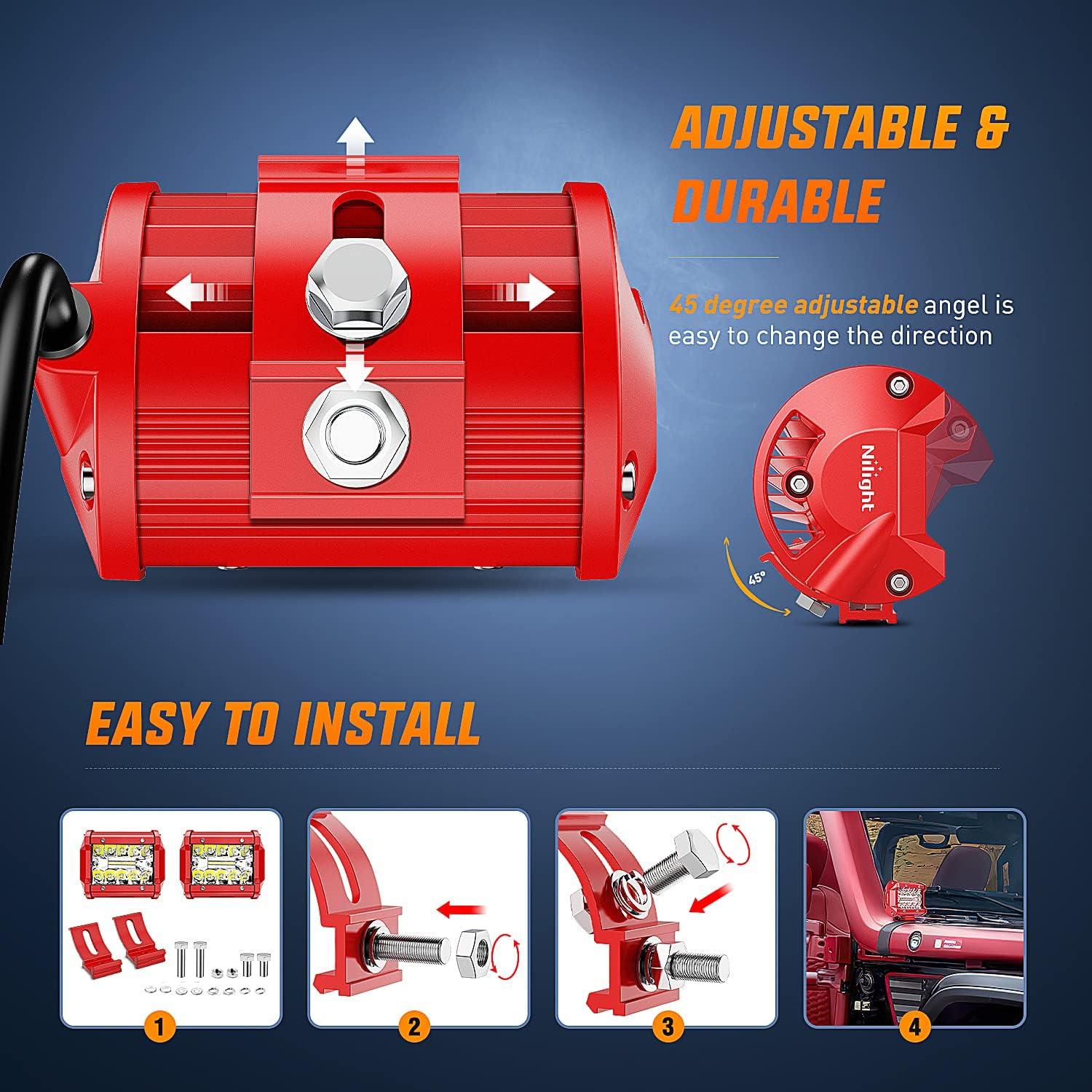 imageNilight 2PCS 4Inch 60W LED Pods Spot Flood Amber White Light Bar Strobe 6 Modes Memory Function OffRoad Truck Car ATV SUV Cabin Boat with 16AWG Wiring Harness Kit2 Lead 2 Years WarrantyWhite Light with Red Shell