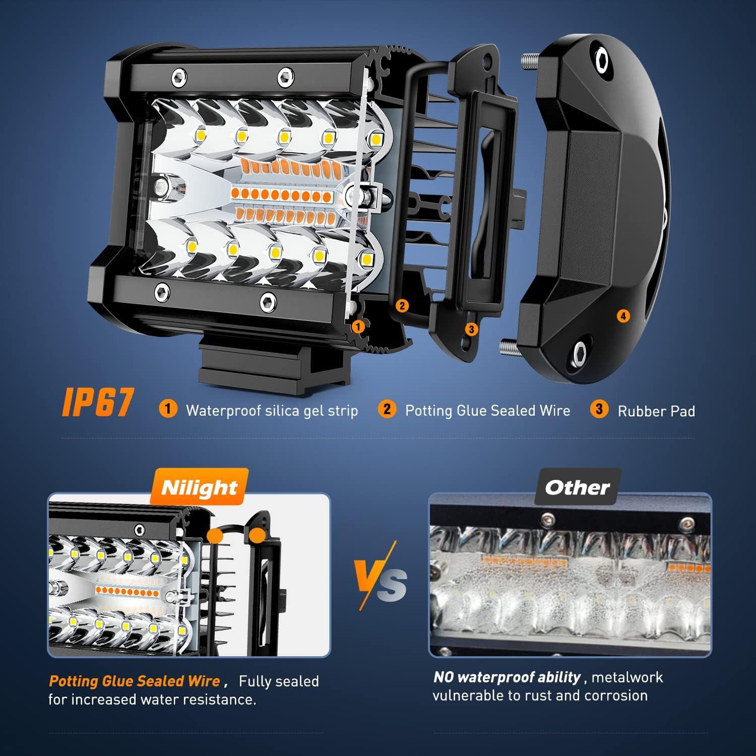 imageNilight 2PCS 4Inch 60W LED Pods Spot Flood Amber White Light Bar Strobe 6 Modes Memory Function OffRoad Truck Car ATV SUV Cabin Boat with 16AWG Wiring Harness Kit2 Lead 2 Years WarrantyAmberWhite 6 Modes