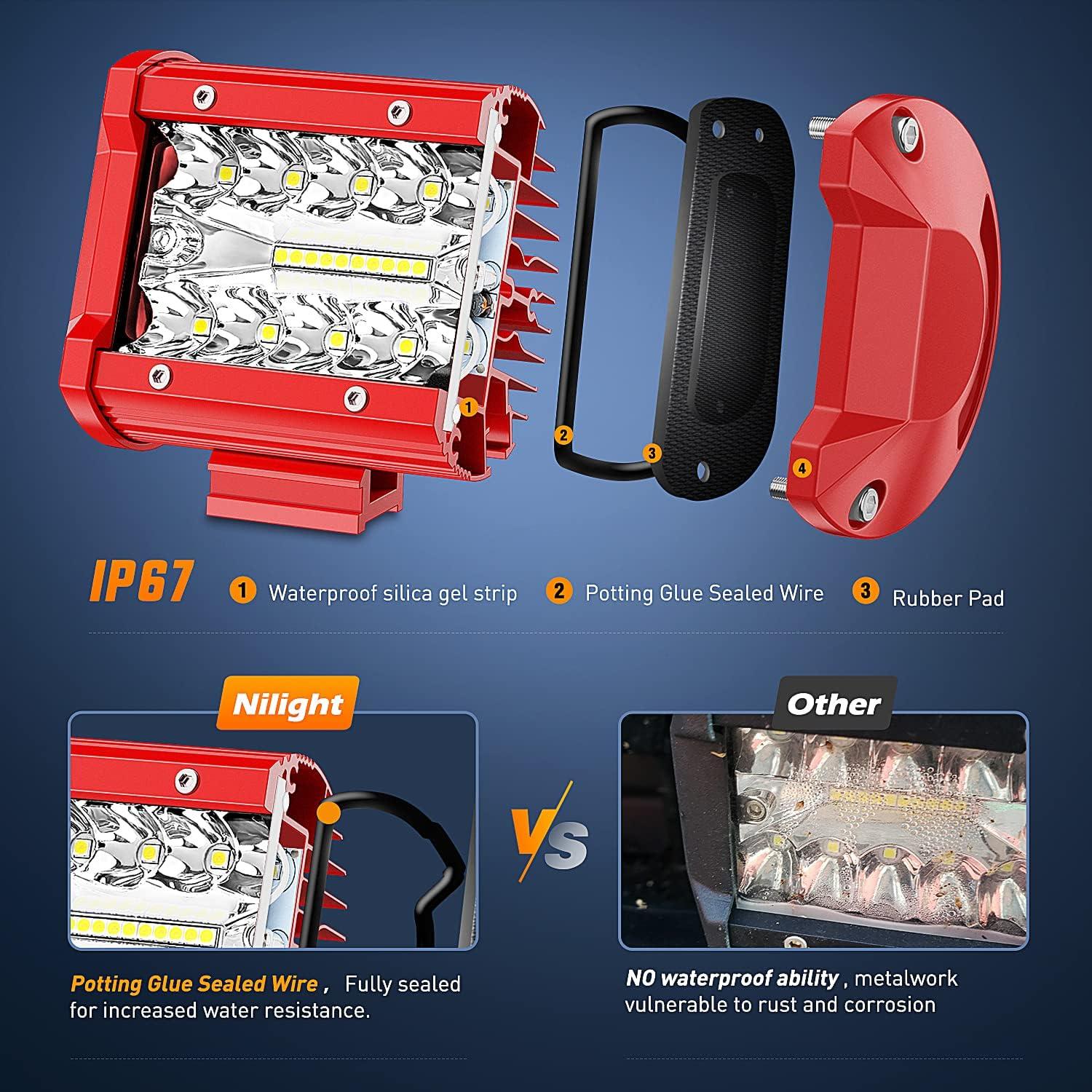 imageNilight 2PCS 4Inch 60W LED Pods Spot Flood Amber White Light Bar Strobe 6 Modes Memory Function OffRoad Truck Car ATV SUV Cabin Boat with 16AWG Wiring Harness Kit2 Lead 2 Years WarrantyWhite Light with Red Shell