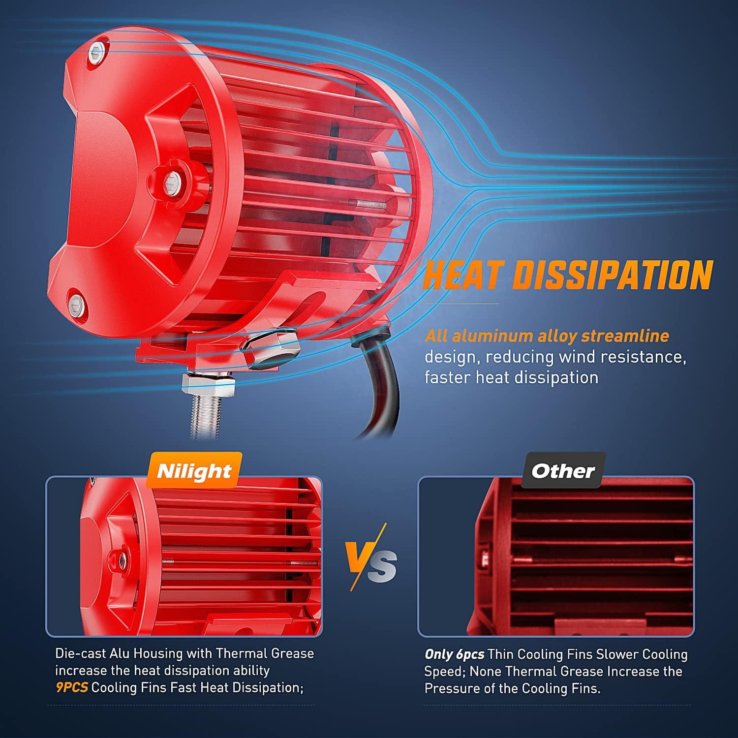 imageNilight 2PCS 4Inch 60W LED Pods Spot Flood Amber White Light Bar Strobe 6 Modes Memory Function OffRoad Truck Car ATV SUV Cabin Boat with 16AWG Wiring Harness Kit2 Lead 2 Years WarrantyWhite Light with Red Shell