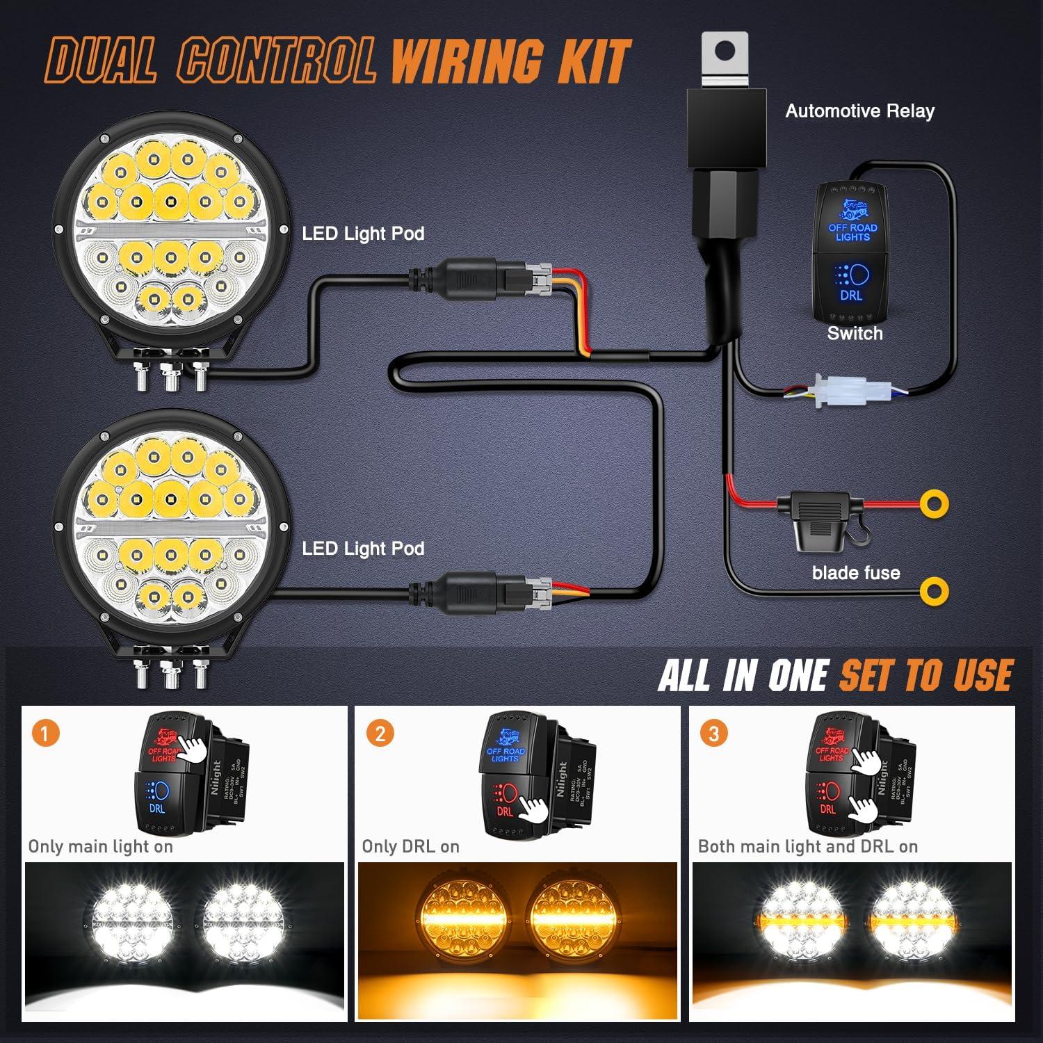imageNilight 9 Inch Round Offroad LED Driving Lights with DRL 2PCS 140W 15560LM IP68 Spot Flood Combo Work Light with 12AWG DT Connector Wiring Harness Kit for 4x4 Jeep Truck ATV UTV SUV 5 Year WarrantyAmber DRL