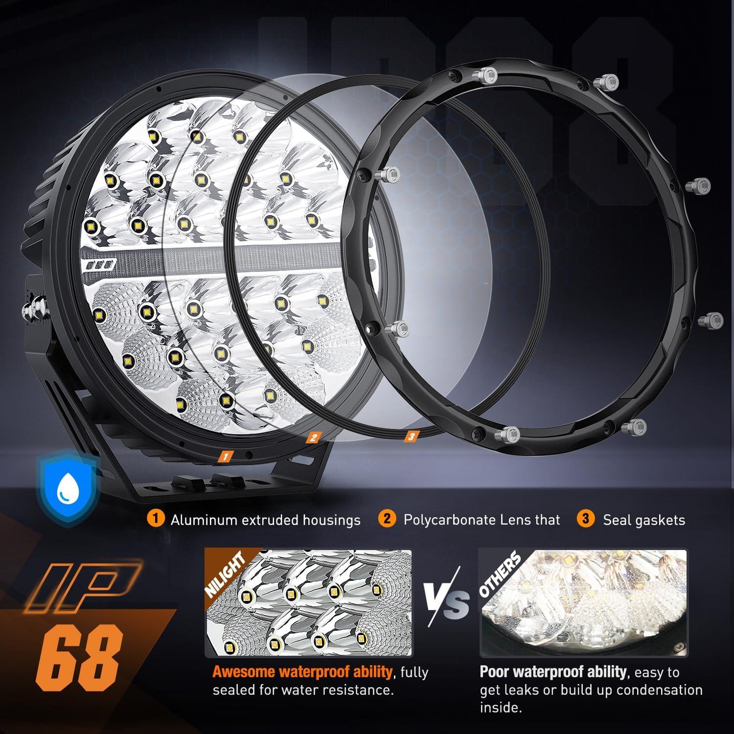 imageNilight 9 Inch Round Offroad LED Driving Lights with DRL 2PCS 140W 15560LM IP68 Spot Flood Combo Work Light with 12AWG DT Connector Wiring Harness Kit for 4x4 Jeep Truck ATV UTV SUV 5 Year WarrantyAmber DRL