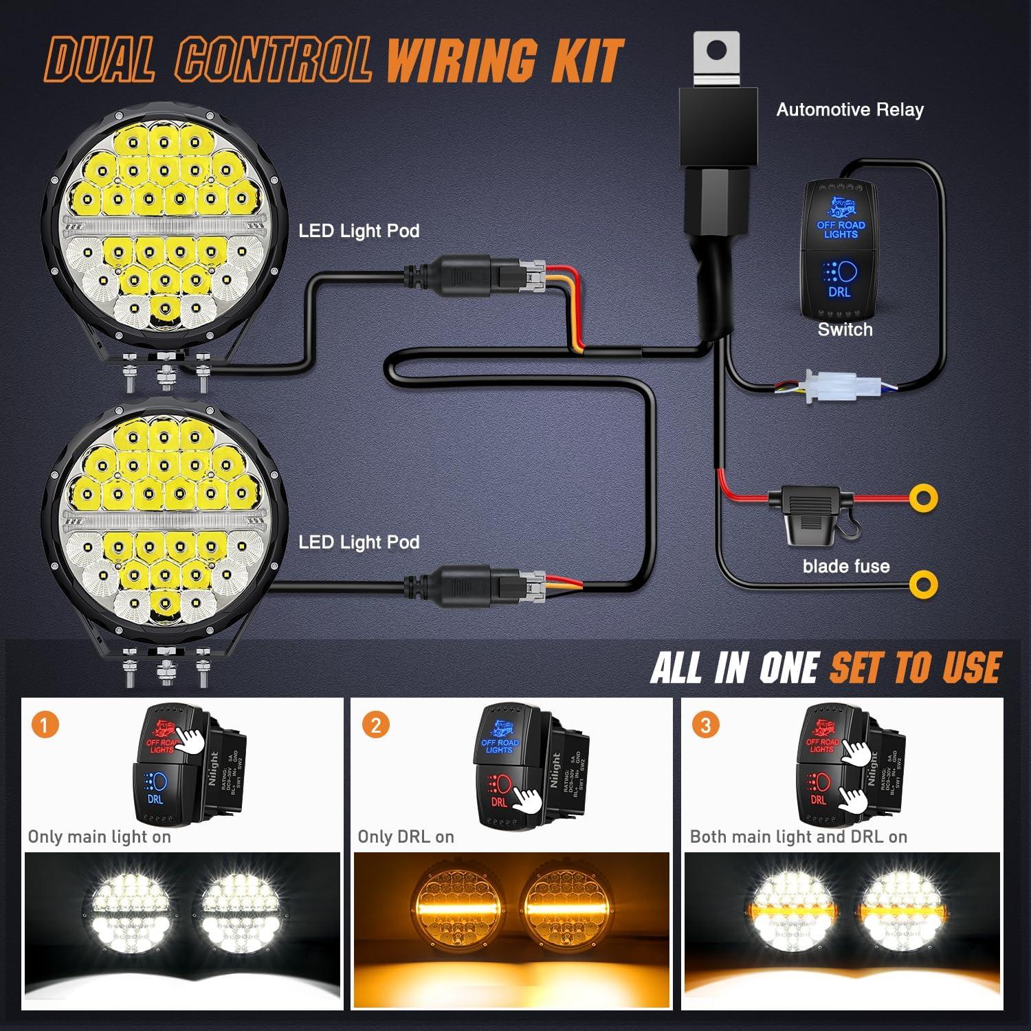 imageNilight 9 Inch Round Offroad LED Driving Lights with DRL 2PCS 140W 15560LM IP68 Spot Flood Combo Work Light with 12AWG DT Connector Wiring Harness Kit for 4x4 Jeep Truck ATV UTV SUV 5 Year WarrantyAmber DRL