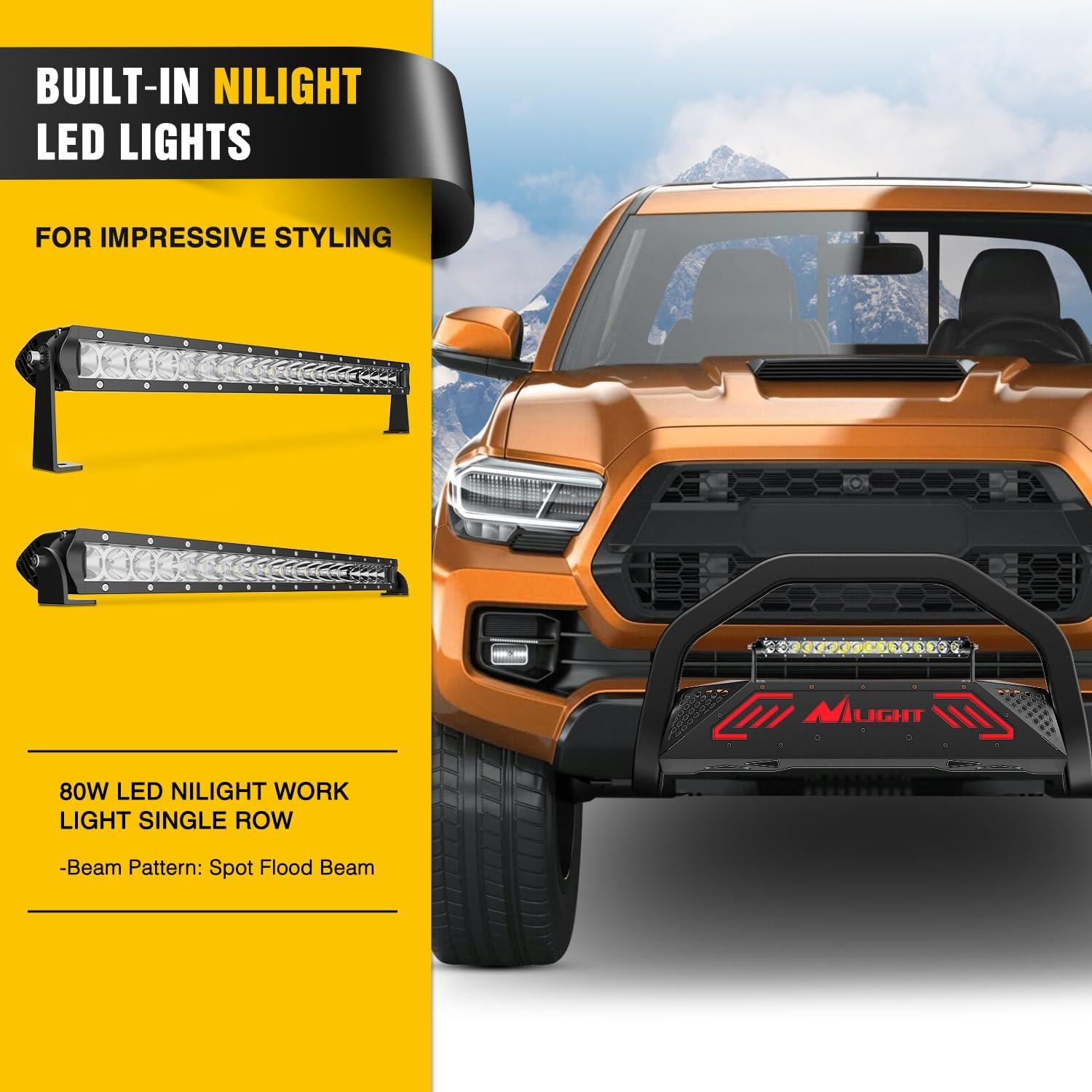 imageNilight Bull Bar with Light Compatible with Nissan Frontier 20052020 Tow Hooks Must be Removed Front Bumper Grille Brush Push Guard with Skid Plate Licence Hole BlackFor Toyota Tacoma 20162023