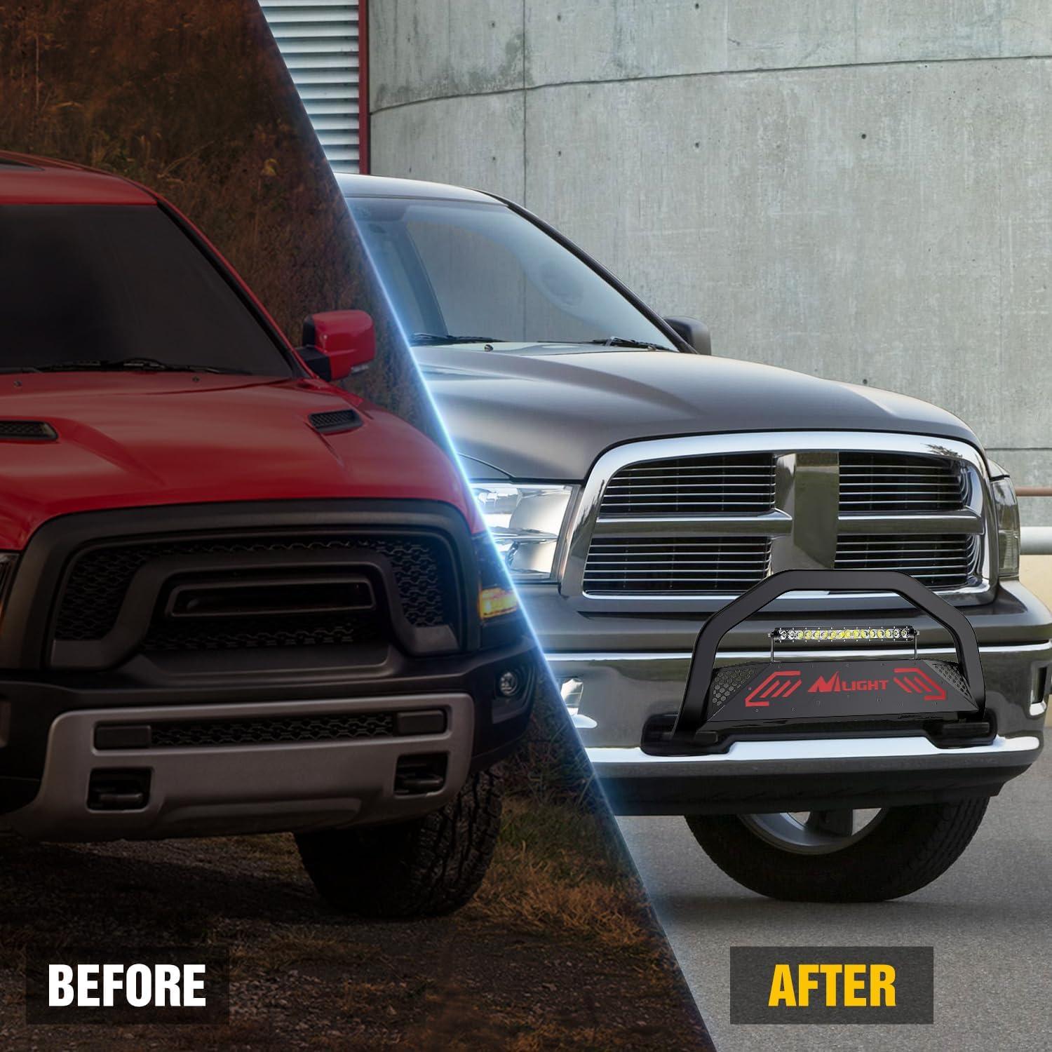 imageNilight Bull Bar with Light Compatible with Nissan Frontier 20052020 Tow Hooks Must be Removed Front Bumper Grille Brush Push Guard with Skid Plate Licence Hole BlackFor Dodge Ram 20092018