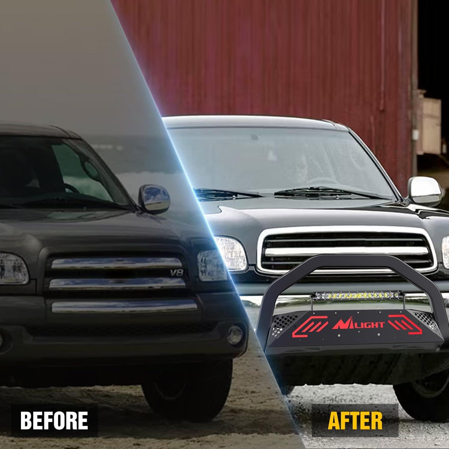 imageNilight Bull Bar with Light Compatible with Nissan Frontier 20052020 Tow Hooks Must be Removed Front Bumper Grille Brush Push Guard with Skid Plate Licence Hole BlackFor Toyota Tundra 19992006Sequoia 20012007