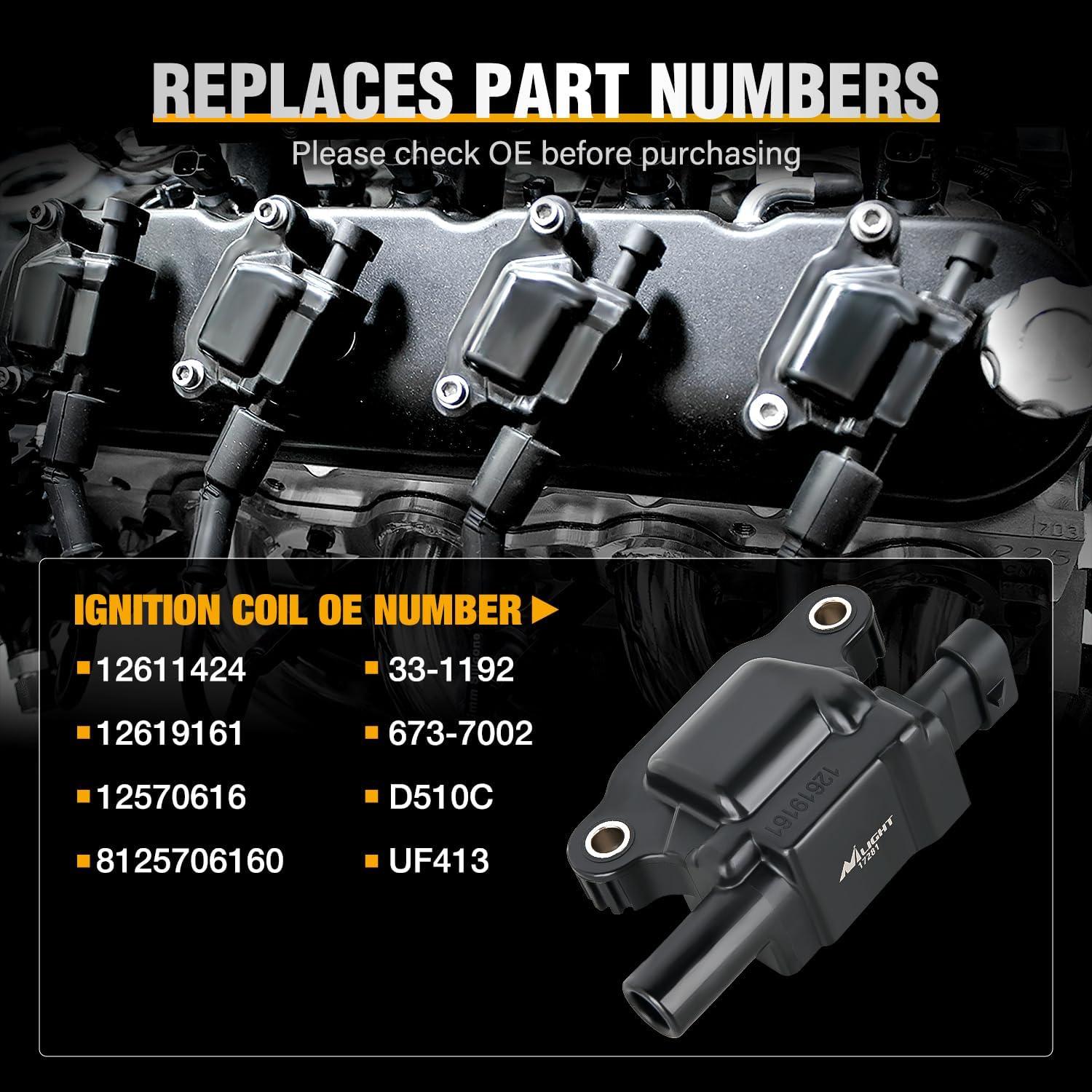 imageNilight Ignition Coil Pack UF413 Fit for Chevy Silverado 1500 2500 HD Tahoe Suburban Avalanche Express Corvette Camaro Impala GMC Yukon Cadillac Escalade Pontiac 53 60L V8 EngineOE 126114248 PcsFit ChevyGMC 20072018