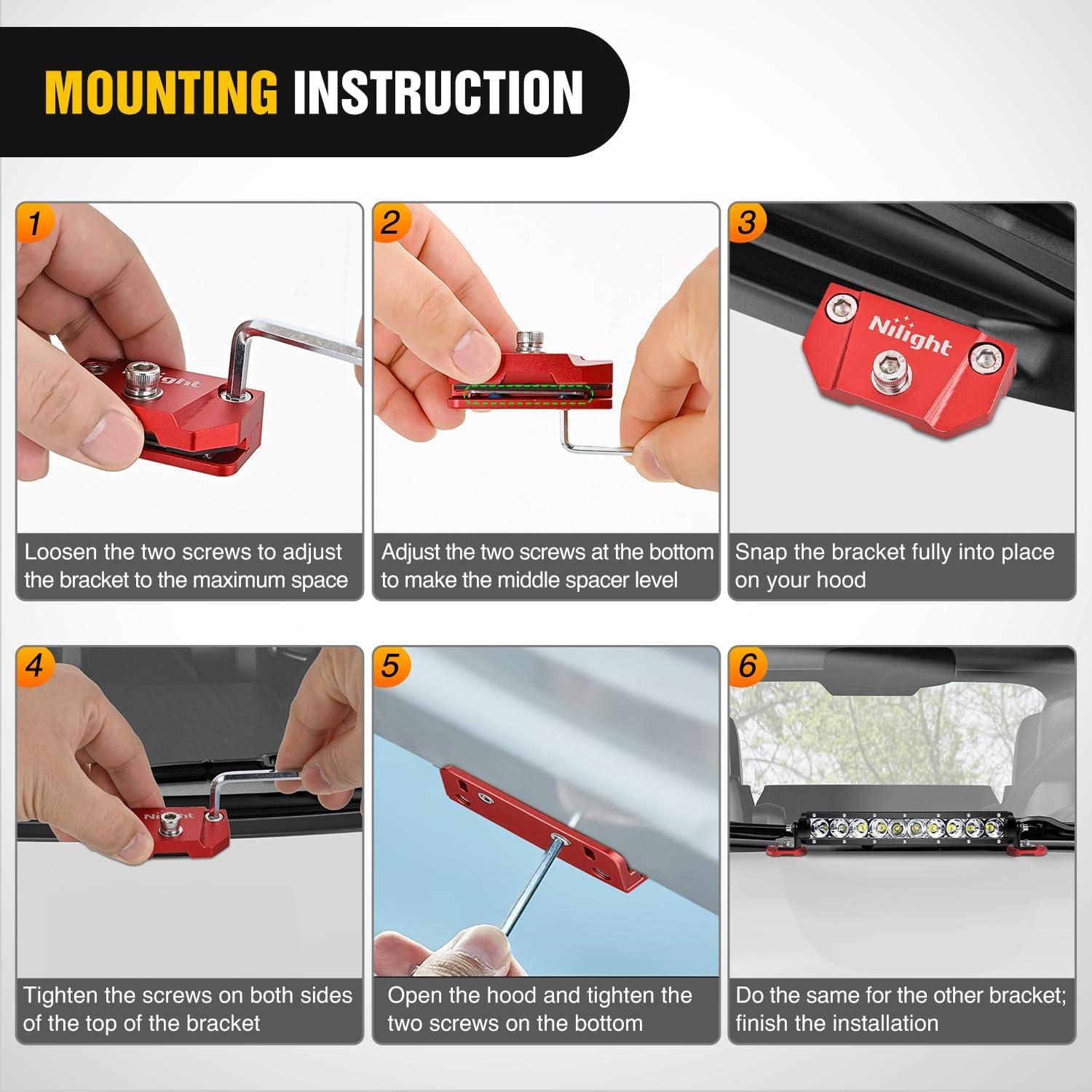 imageNilight LED Light Bar Mounting Bracket 2PCS Universal Adjustable Pillar Hood Fog Pods Work Lamp No Drilling Aluminum Mount Clamp Holder for Truck SUV Pickup Van 4x4 OffRoad BlackRed