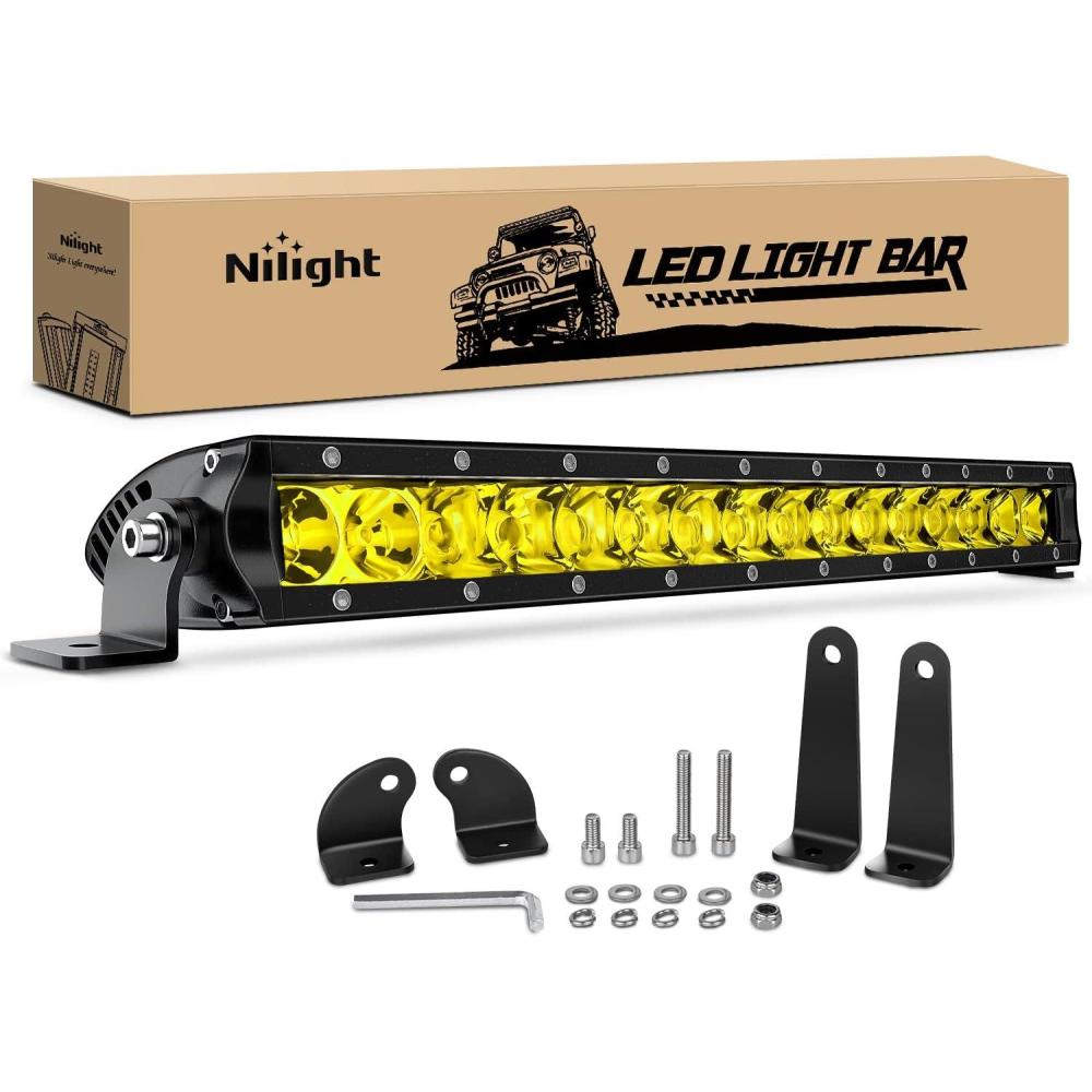 imageNilight  NI04100W 17quot 80w LED Work Light Single Row Spot Flood Combo LED Light Bar Driving Lights Offroad Lighting  2 Style Mounting Brackets2 years WarrantyYellow