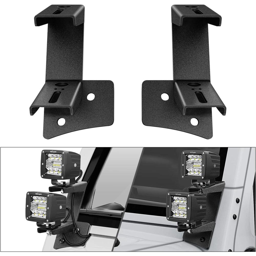 imageNilight 2Pcs Windshield Hinge Mounting Brackets Dual APillar for Offroad LED Fog Light Pods for 2018 2019 2020 2021 2022 2023 Wrangler JL20202023 Gladiator JT  2 Years WarrantyBlackDual APillar JK 20072017