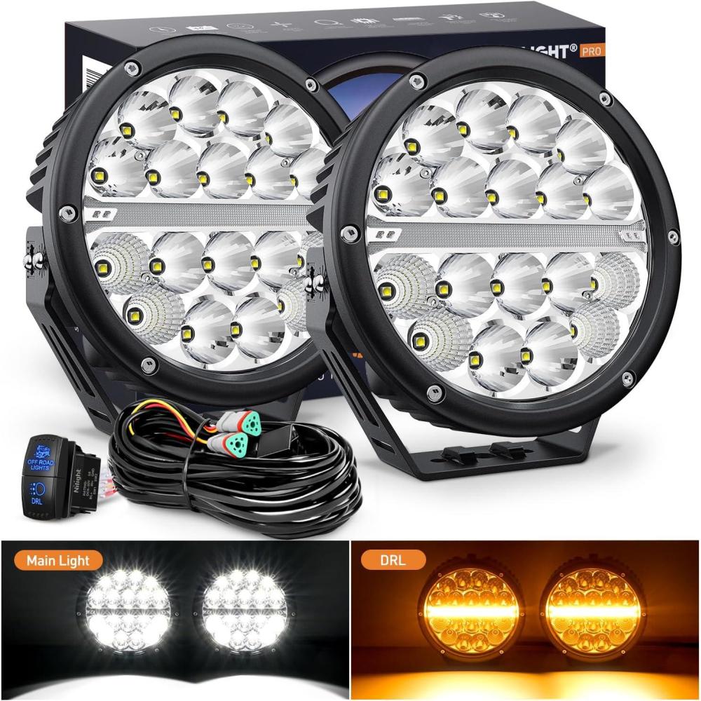 imageNilight 9 Inch Round Offroad LED Driving Lights with DRL 2PCS 140W 15560LM IP68 Spot Flood Combo Work Light with 12AWG DT Connector Wiring Harness Kit for 4x4 Jeep Truck ATV UTV SUV 5 Year WarrantyAmber DRL