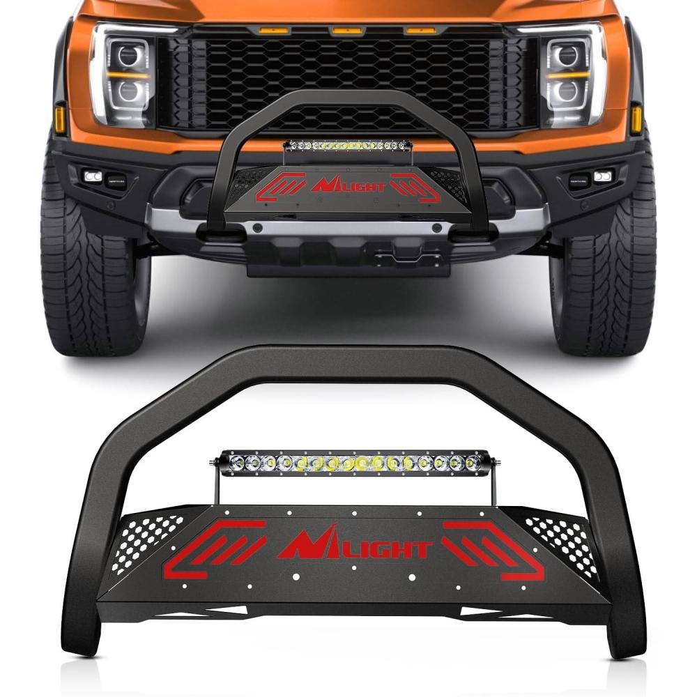 imageNilight Bull Bar with Light Compatible with Nissan Frontier 20052020 Tow Hooks Must be Removed Front Bumper Grille Brush Push Guard with Skid Plate Licence Hole BlackFor Ford F150 20042023