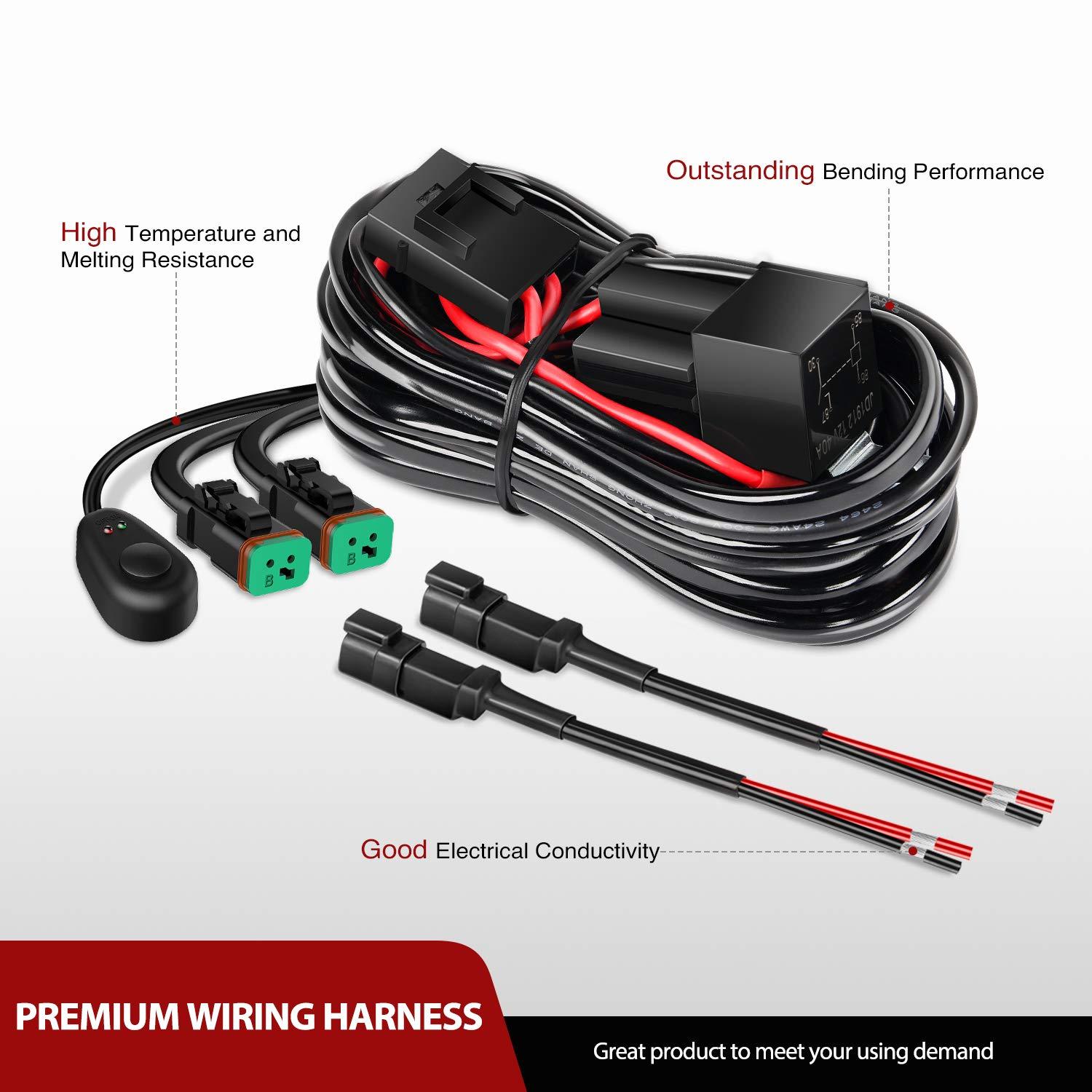 imageNilight  10017W 16AWG DT Connector Wiring Harness Kit LED Light Bar 12V On Off Switch Power Relay Blade Fuse for Off Road Lights LED Work LightONE Lead14AWG Wiring Harness2 Leads
