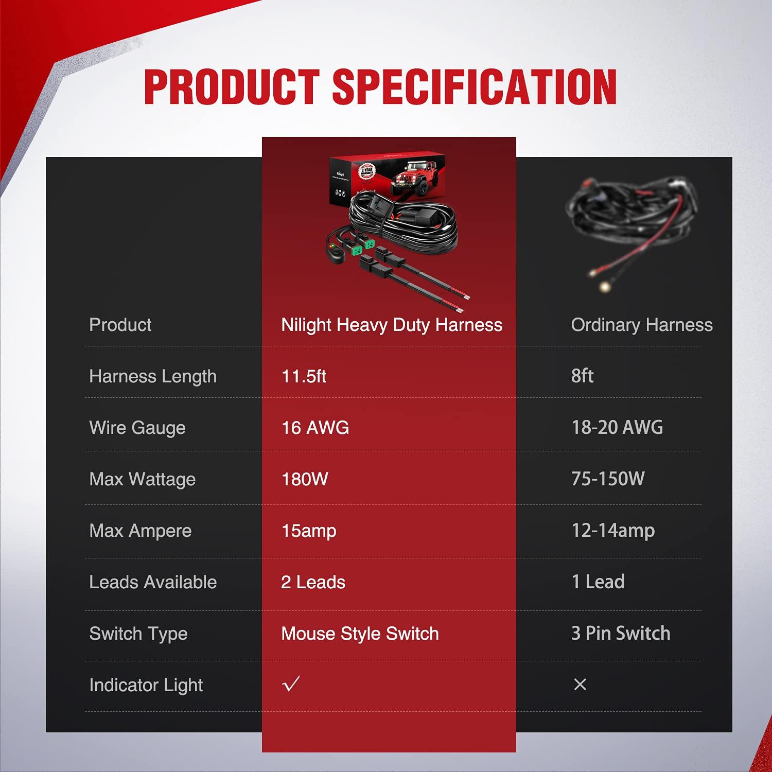 imageNilight  10017W 16AWG DT Connector Wiring Harness Kit LED Light Bar 12V On Off Switch Power Relay Blade Fuse for Off Road Lights LED Work LightONE Lead16AWG Wiring Harness2 Leads