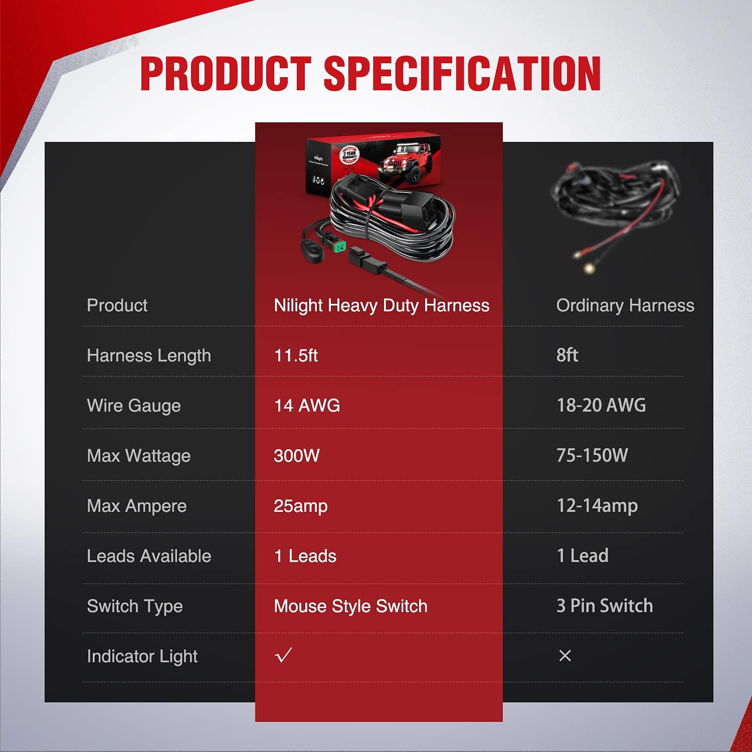 imageNilight  10017W 16AWG DT Connector Wiring Harness Kit LED Light Bar 12V On Off Switch Power Relay Blade Fuse for Off Road Lights LED Work LightONE Lead14AWG Wiring Harness1 Lead