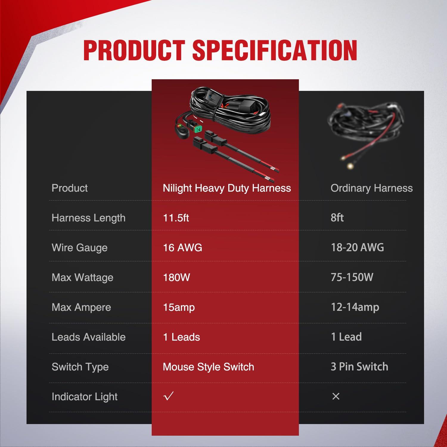 imageNilight  10017W 16AWG DT Connector Wiring Harness Kit LED Light Bar 12V On Off Switch Power Relay Blade Fuse for Off Road Lights LED Work LightONE Lead16AWG Wiring Harness1 Lead