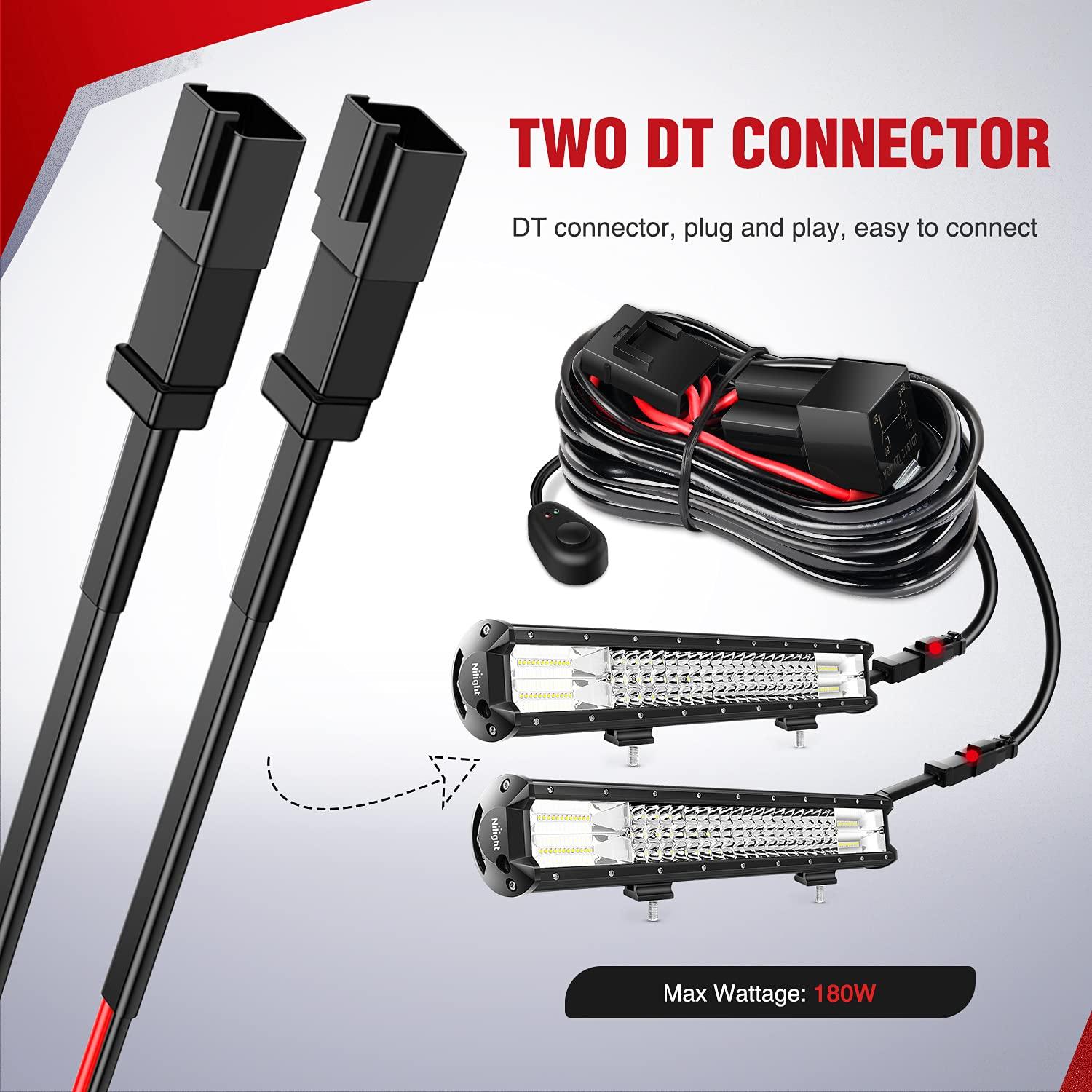 imageNilight  10017W 16AWG DT Connector Wiring Harness Kit LED Light Bar 12V On Off Switch Power Relay Blade Fuse for Off Road Lights LED Work LightONE Lead16AWG Wiring Harness2 Leads