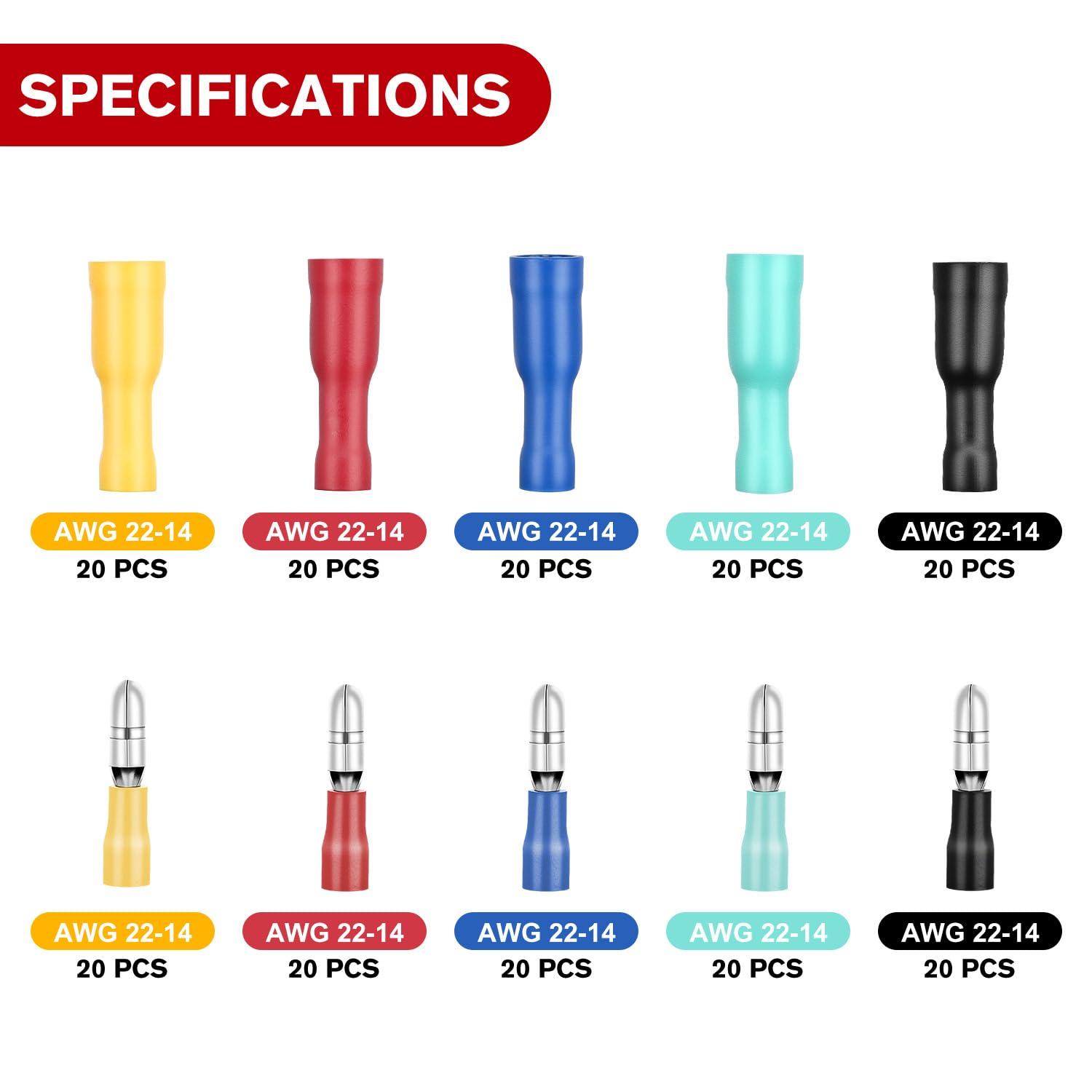 imageNilight  50027R 250 PCS Heat Shrink Spade Connectors Quick Disconnect Wire Connectors Electrical Spade Terminals Heat Shrink Fully Insulated Male and Female Wire Spade Connectors2 Years Warranty200PCS Bullet Terminals