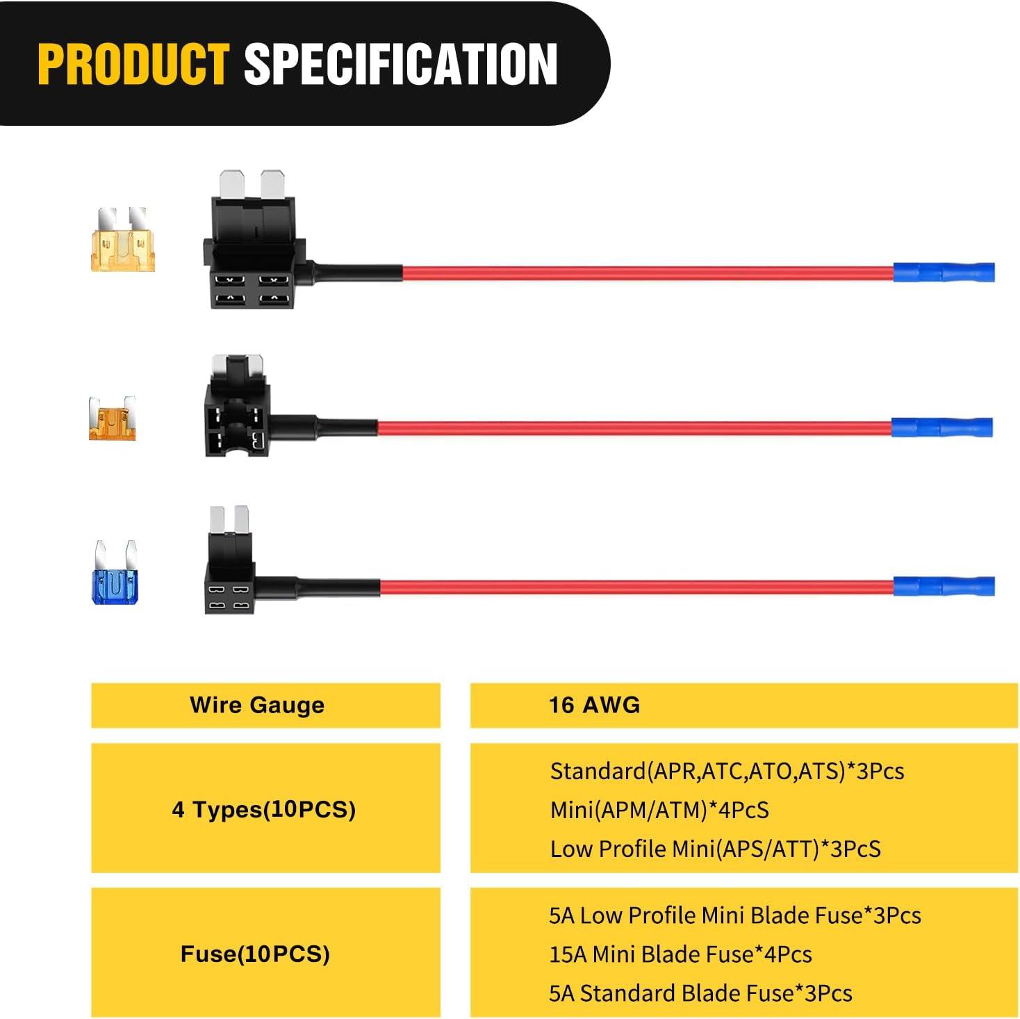 imageNilight  50034R 10 Pack 12V Car AddACircuit Fuse Tap Adapter Mini Atm Apm Blade Fuse Holder with 120 PCS Mini Blade Fuse Assortment Kit 5 75 10 15 20 25 30 AMP for CarsTrucksBoats3 Types10 Packs