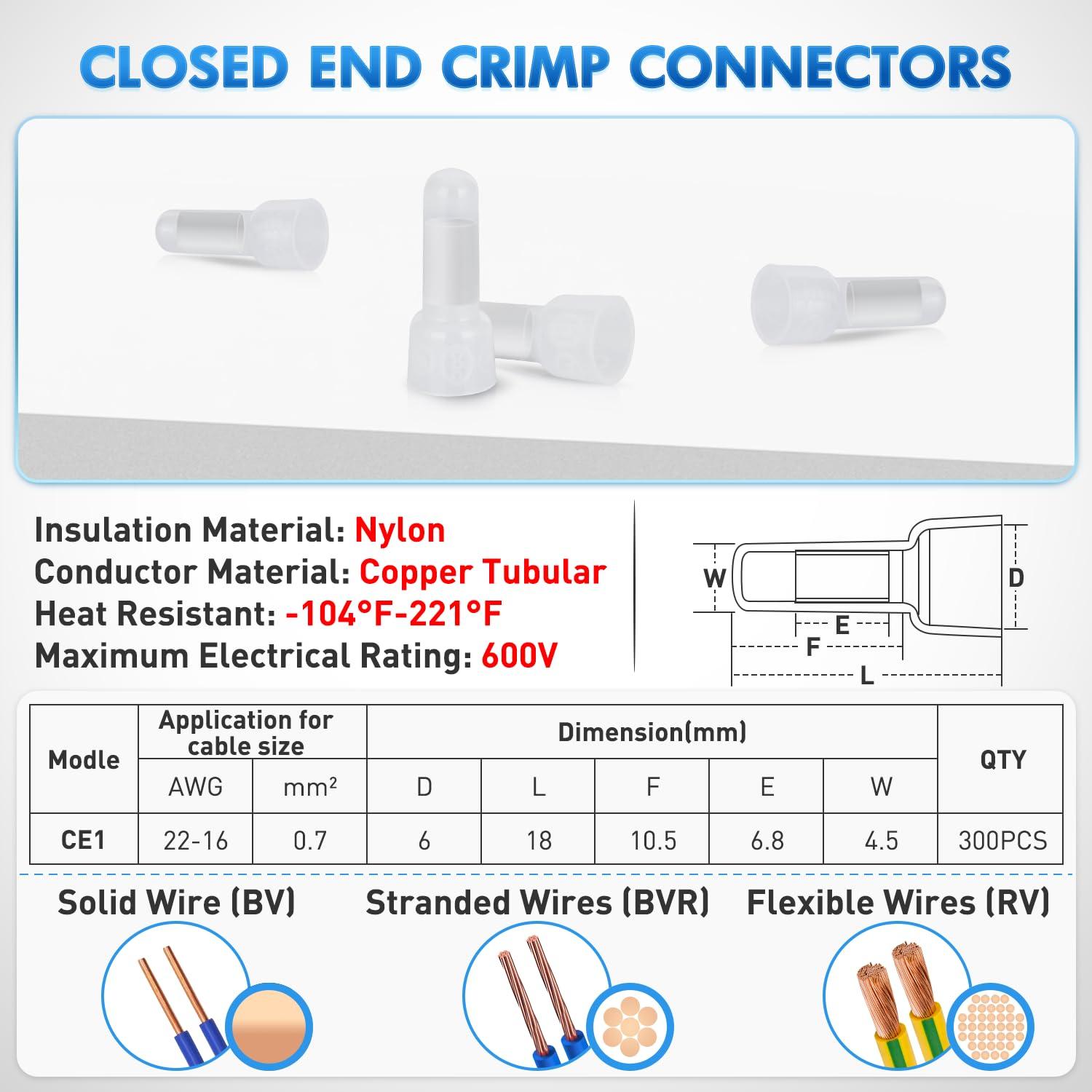 imageNilight  50036R Closed End Crimp Terminal 300 pcs 221616141210 Gauge Nylon Wire Connector Kit2 Years Warranty300PCS 2216 Terminals