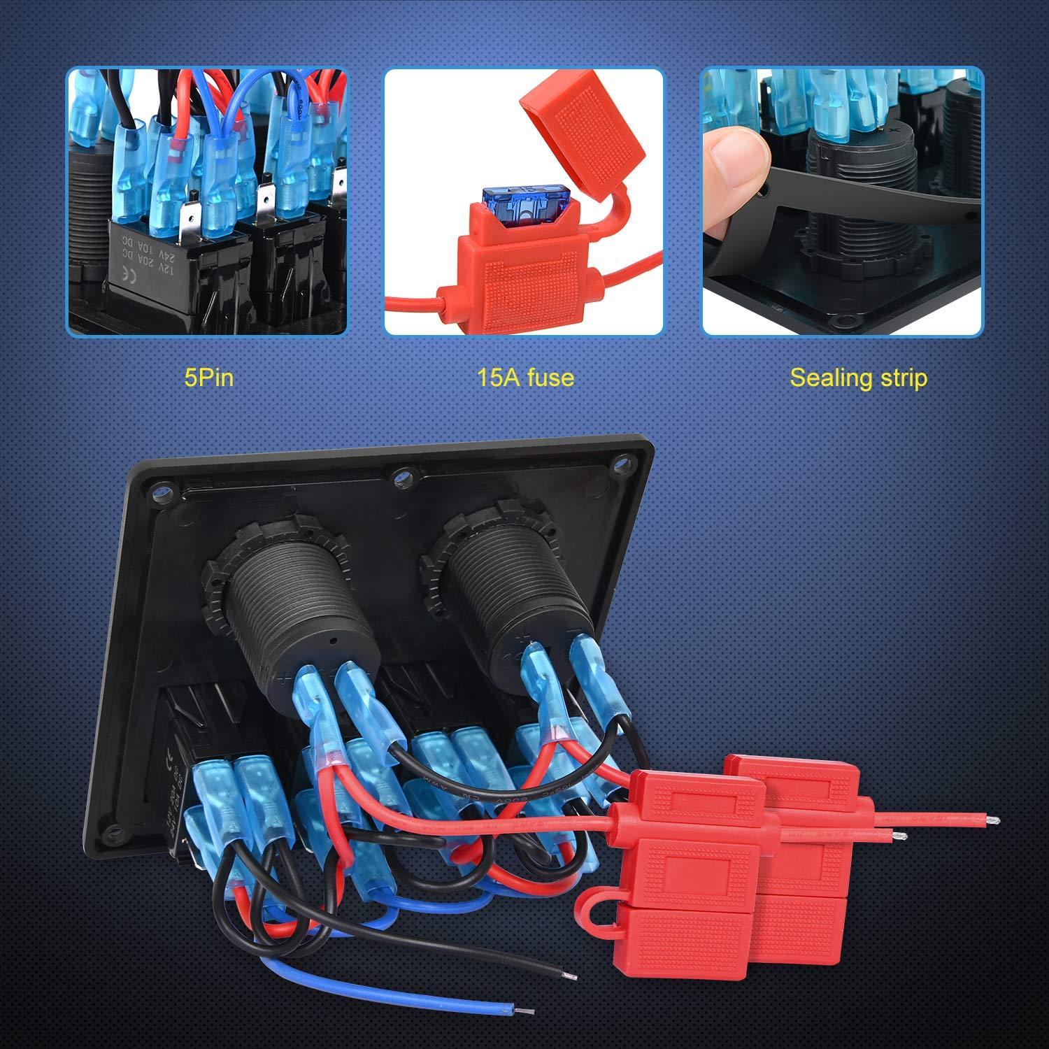 imageNilight  90107D 4 Gang Rocker Switch Panel Waterproof Prewired Switch Panel with USB Charger ampamp Power Socket and Fuse DC 12V 24V Rocker Switch Panel for Car Rv Vehicles Trucks2 Years Warranty4 Gang with USB and Cigar lighter