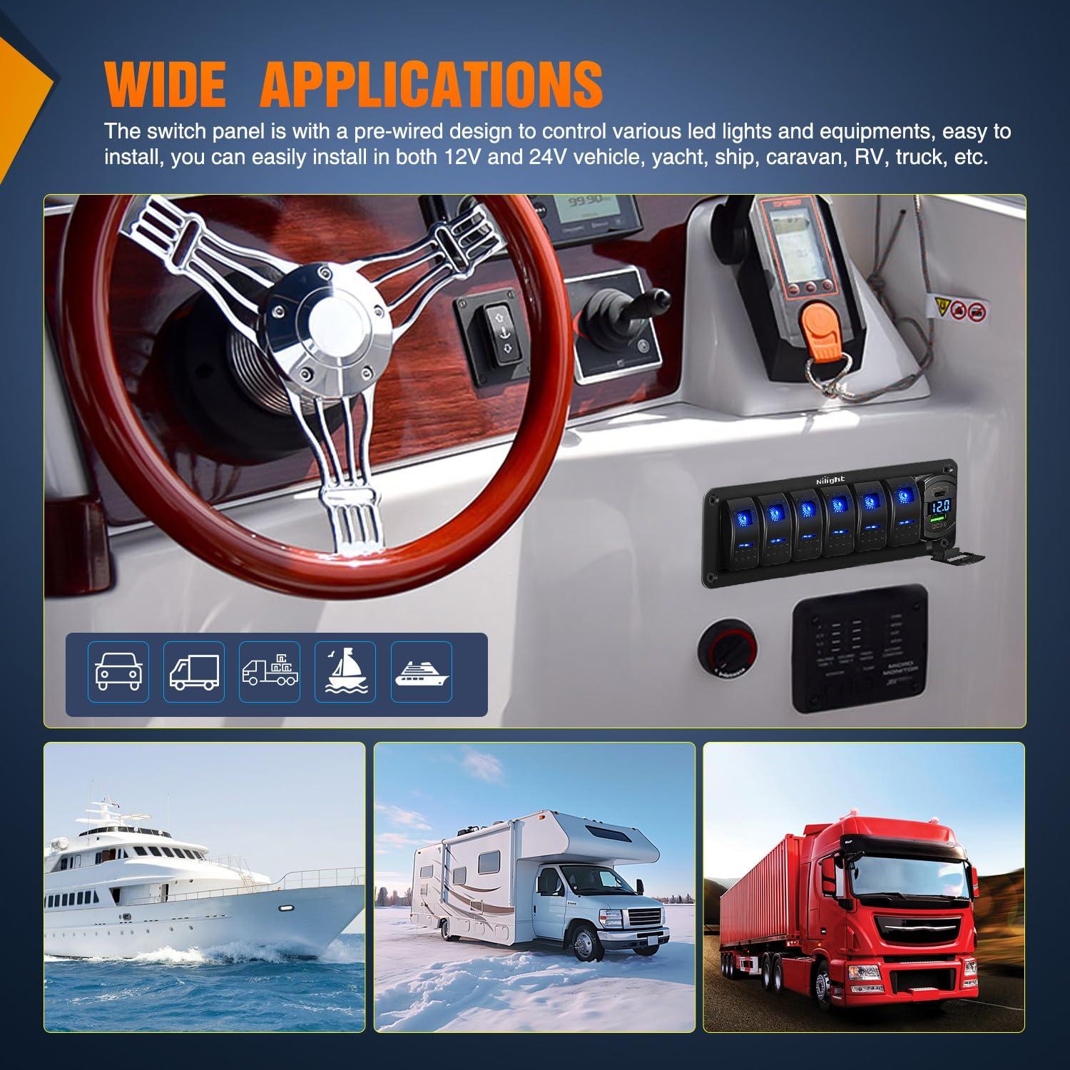 imageNilight  90107D 4 Gang Rocker Switch Panel Waterproof Prewired Switch Panel with USB Charger ampamp Power Socket and Fuse DC 12V 24V Rocker Switch Panel for Car Rv Vehicles Trucks2 Years Warranty6 Gang with USB and Voltmeter