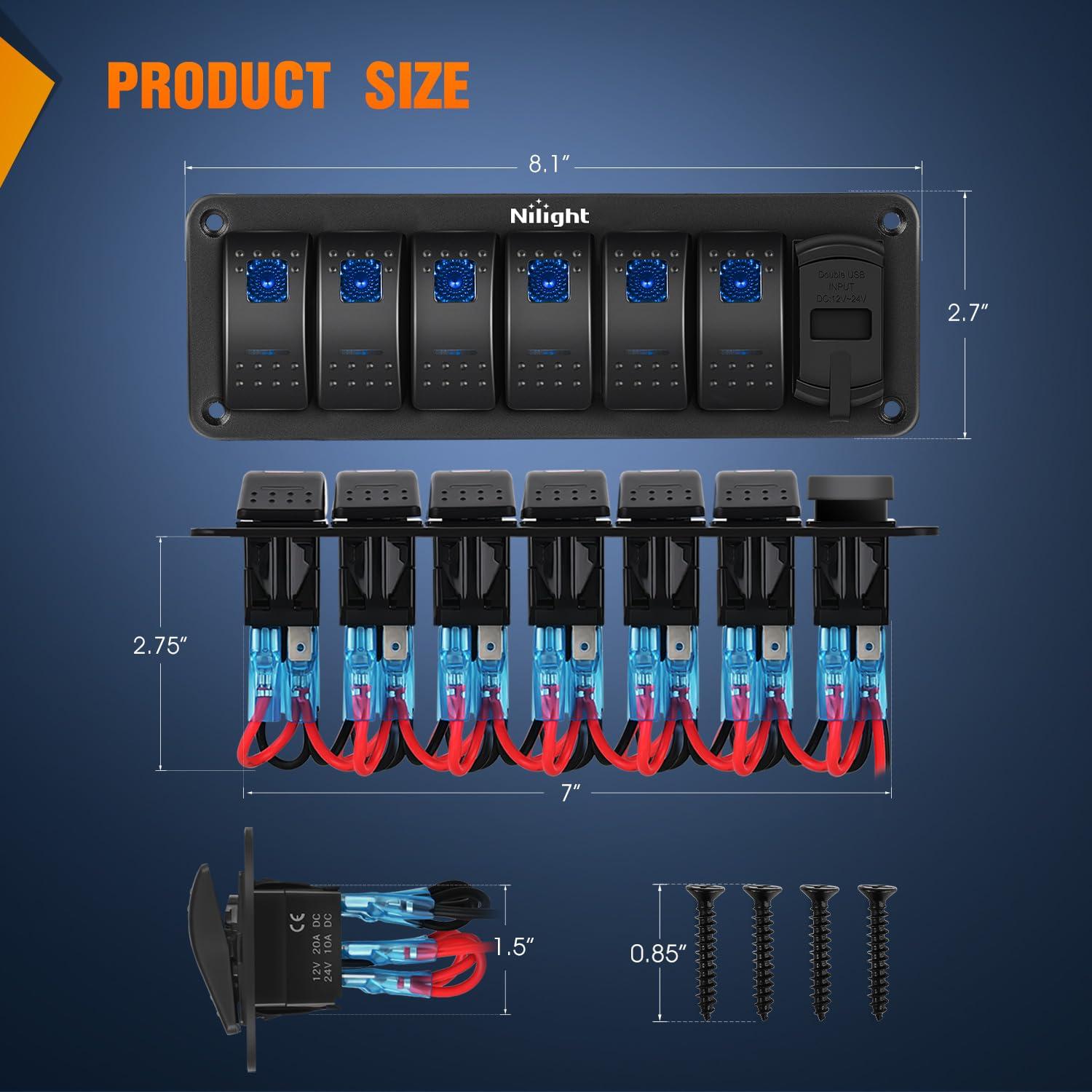 imageNilight  90107D 4 Gang Rocker Switch Panel Waterproof Prewired Switch Panel with USB Charger ampamp Power Socket and Fuse DC 12V 24V Rocker Switch Panel for Car Rv Vehicles Trucks2 Years Warranty6 Gang with USB and Voltmeter