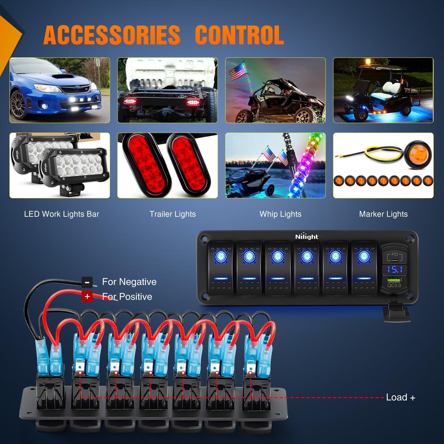 imageNilight  90107D 4 Gang Rocker Switch Panel Waterproof Prewired Switch Panel with USB Charger ampamp Power Socket and Fuse DC 12V 24V Rocker Switch Panel for Car Rv Vehicles Trucks2 Years Warranty6 Gang with USB and Voltmeter