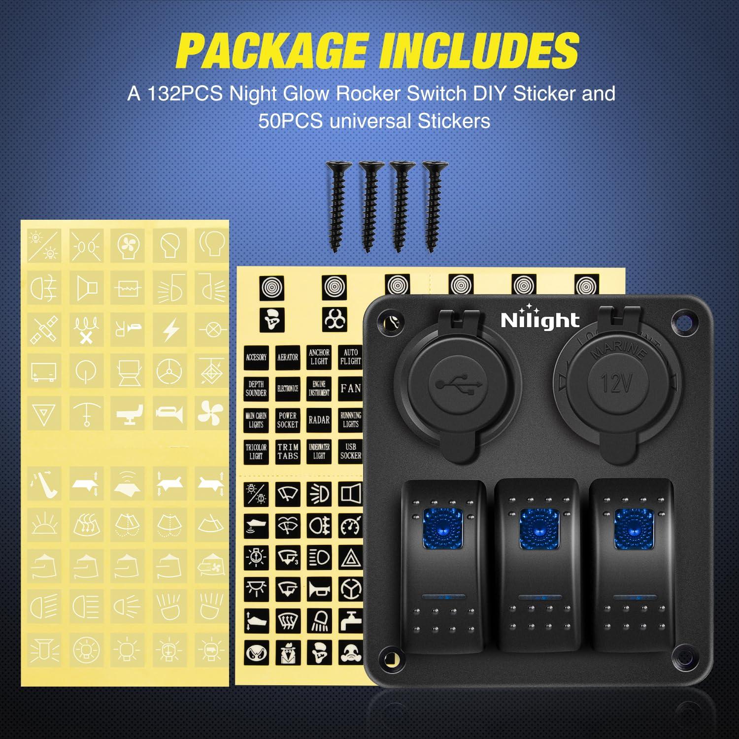 imageNilight  90115C 3 Gang Rocker Switch Panel Waterproof PreWired Aluminum Switch Panel with Dual USB Charger Socket ampamp Cigarette Lighter Socket 12V 24VDC ON Off Switch Panel for Cars Rvs TrucksType C  USB Blue