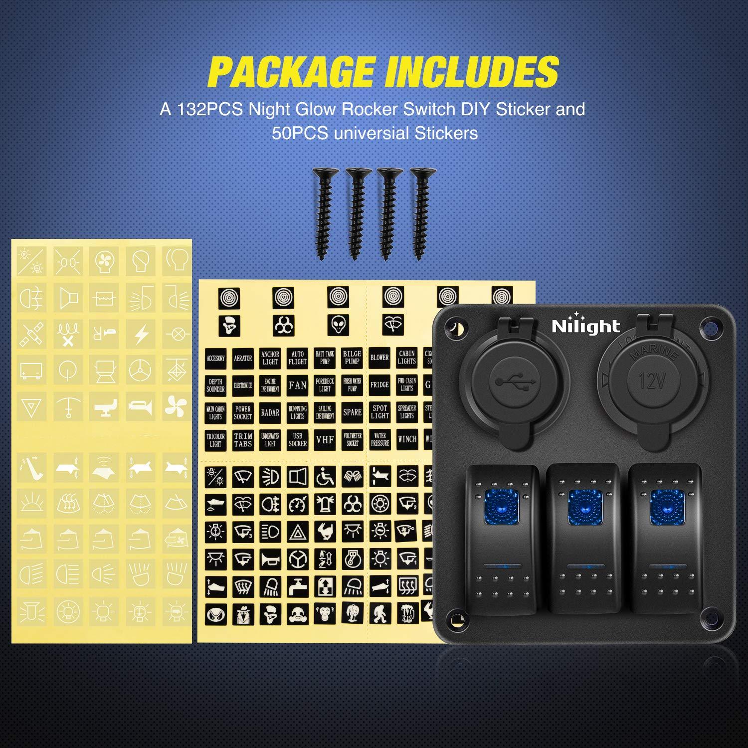 imageNilight  90115C 3 Gang Rocker Switch Panel Waterproof PreWired Aluminum Switch Panel with Dual USB Charger Socket ampamp Cigarette Lighter Socket 12V 24VDC ON Off Switch Panel for Cars Rvs TrucksBlue