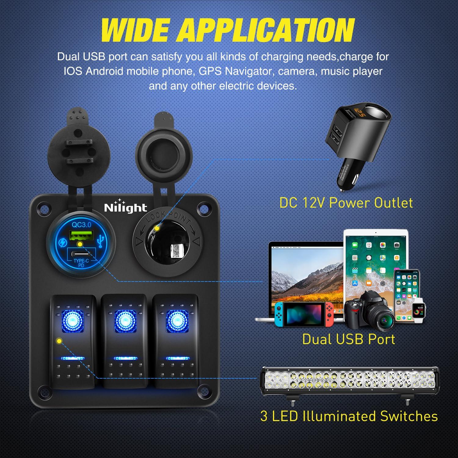 imageNilight  90115C 3 Gang Rocker Switch Panel Waterproof PreWired Aluminum Switch Panel with Dual USB Charger Socket ampamp Cigarette Lighter Socket 12V 24VDC ON Off Switch Panel for Cars Rvs TrucksType C  USB Blue