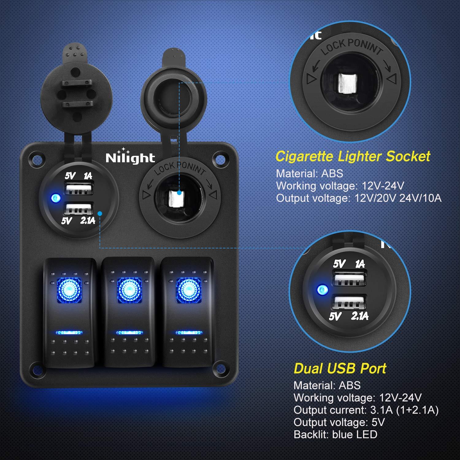 imageNilight  90115C 3 Gang Rocker Switch Panel Waterproof PreWired Aluminum Switch Panel with Dual USB Charger Socket ampamp Cigarette Lighter Socket 12V 24VDC ON Off Switch Panel for Cars Rvs TrucksBlue