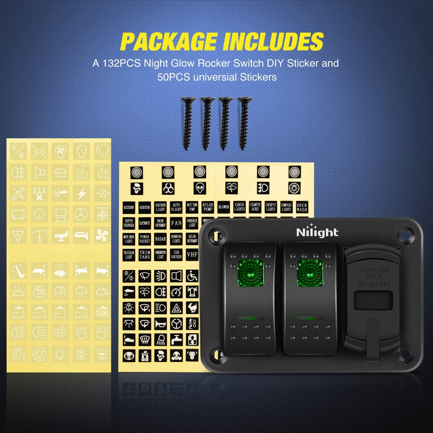 imageNilight  90116C 2 Gang Rocker Switch Panel with 48 Amp Dual USB Charger Voltmeter Waterproof 12V24V DC Rocker Switch with Night Glow Stickers for CarsTrucks Boats RVsBlueGreen