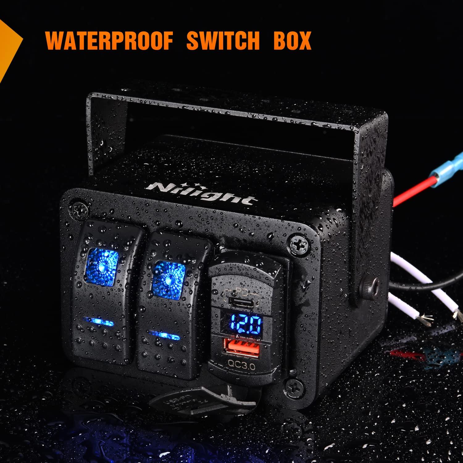 imageNilight  90116C 2 Gang Rocker Switch Panel with 48 Amp Dual USB Charger Voltmeter Waterproof 12V24V DC Rocker Switch with Night Glow Stickers for CarsTrucks Boats RVsBlueBlueBox