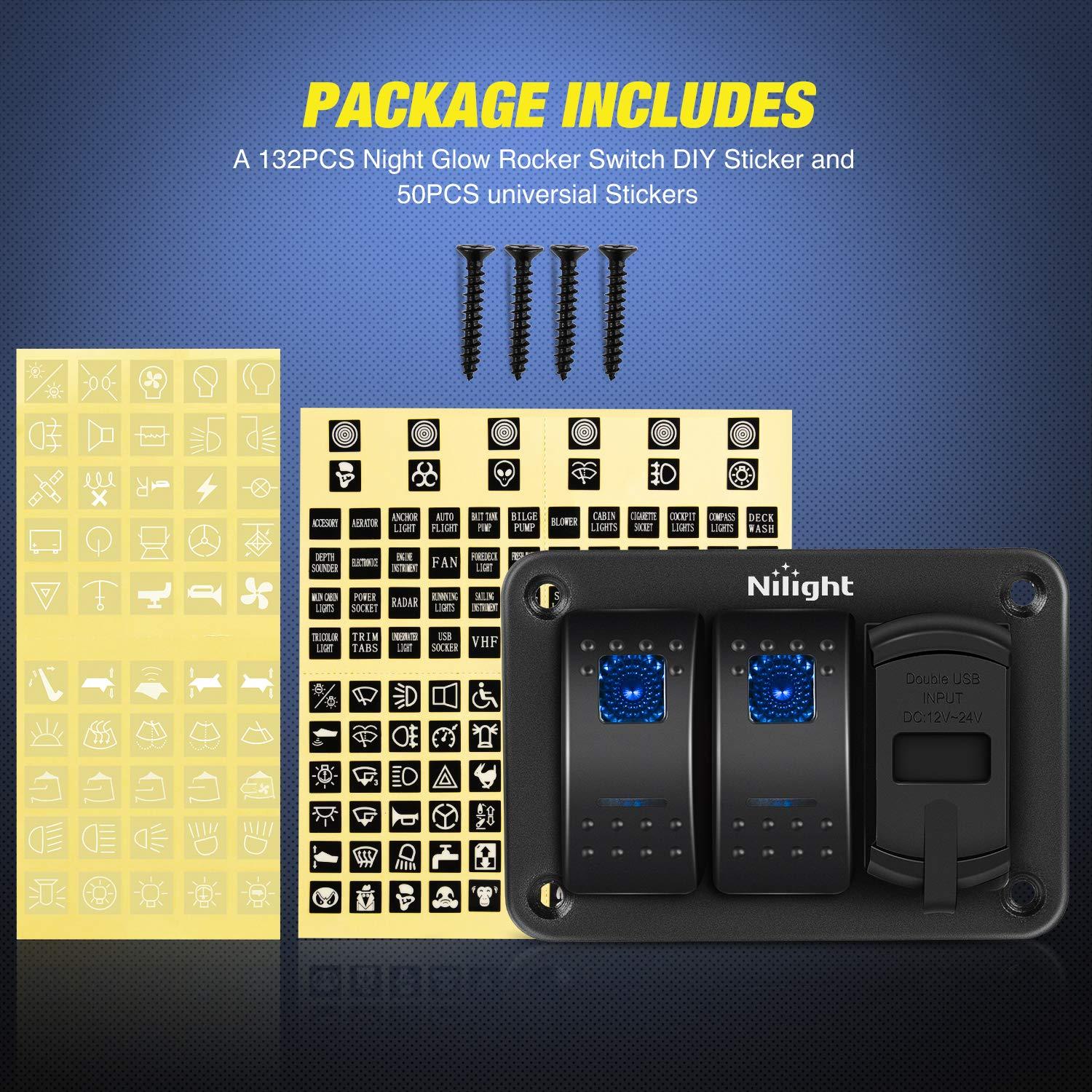 imageNilight  90116C 2 Gang Rocker Switch Panel with 48 Amp Dual USB Charger Voltmeter Waterproof 12V24V DC Rocker Switch with Night Glow Stickers for CarsTrucks Boats RVsBlueBlue