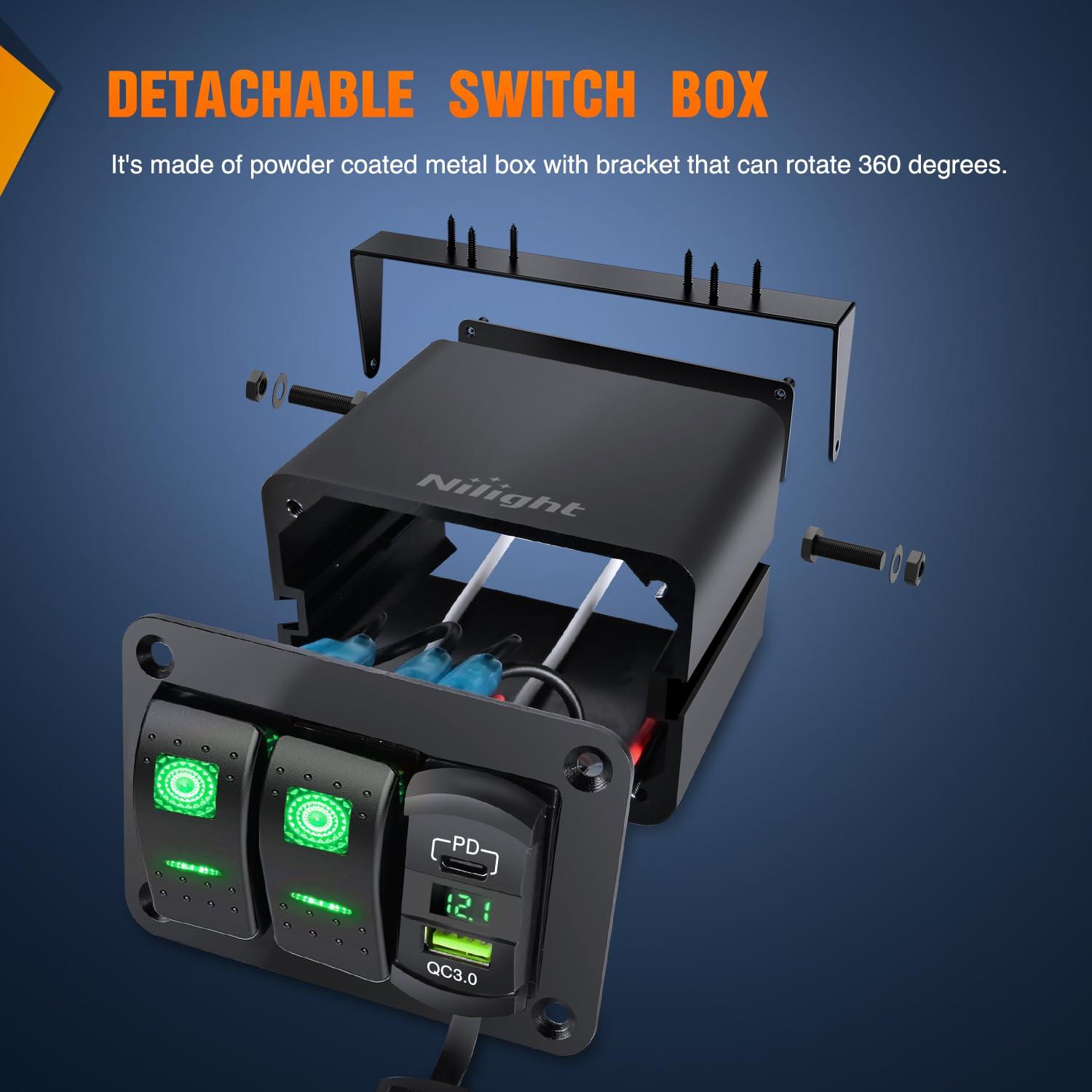 imageNilight  90116C 2 Gang Rocker Switch Panel with 48 Amp Dual USB Charger Voltmeter Waterproof 12V24V DC Rocker Switch with Night Glow Stickers for CarsTrucks Boats RVsBlueGreenBox