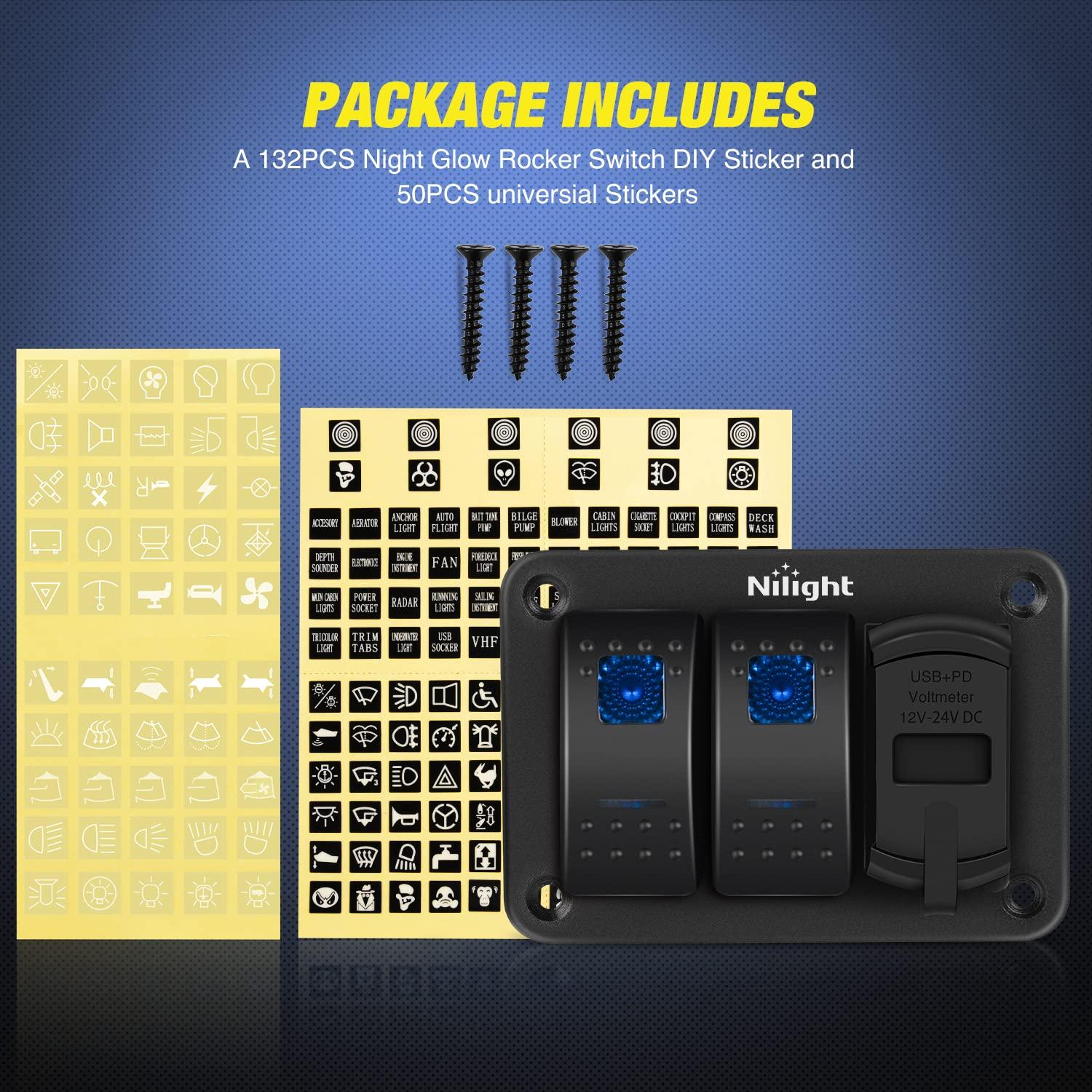 imageNilight  90116C 2 Gang Rocker Switch Panel with 48 Amp Dual USB Charger Voltmeter Waterproof 12V24V DC Rocker Switch with Night Glow Stickers for CarsTrucks Boats RVsBlueType C  USB Blue