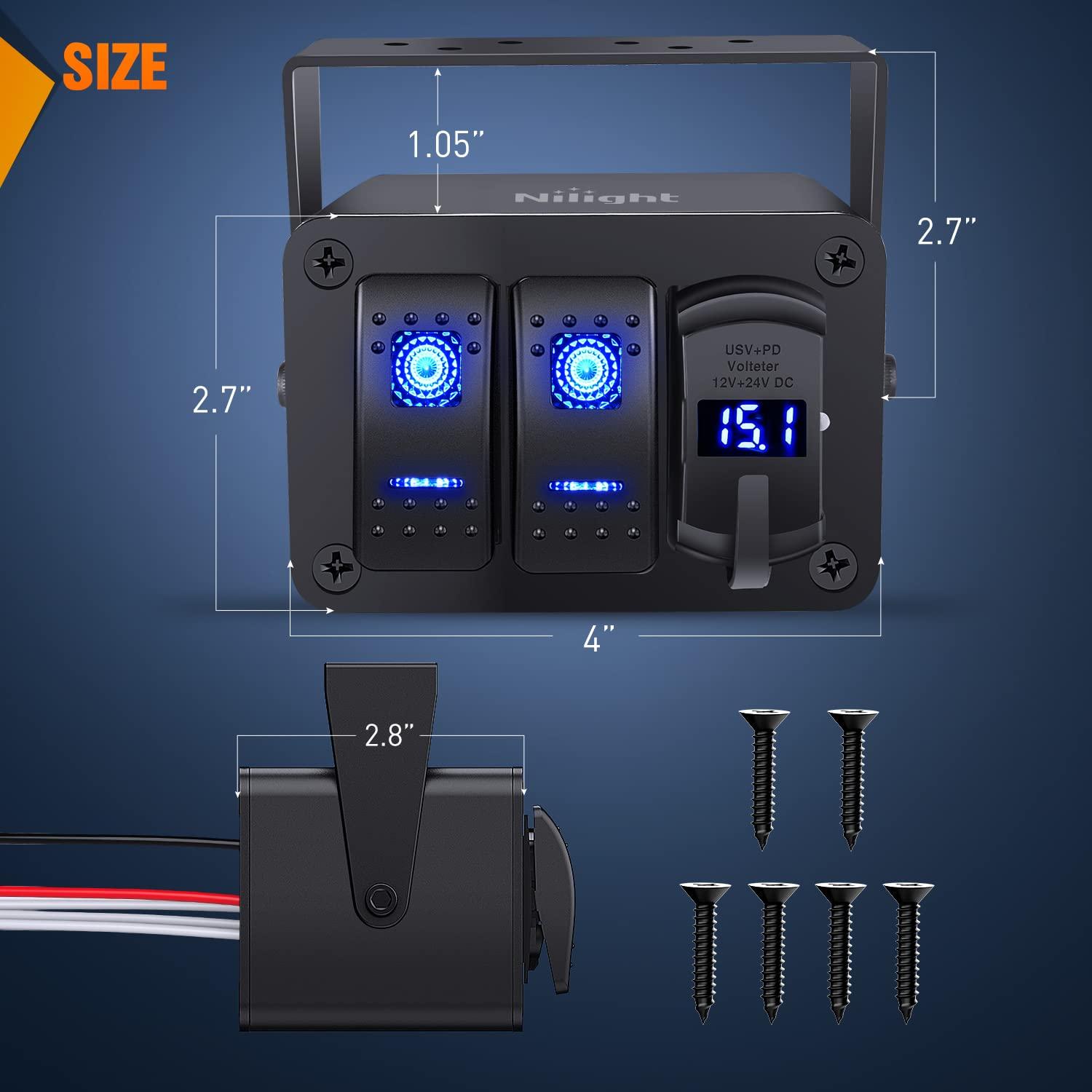 imageNilight  90116C 2 Gang Rocker Switch Panel with 48 Amp Dual USB Charger Voltmeter Waterproof 12V24V DC Rocker Switch with Night Glow Stickers for CarsTrucks Boats RVsBlueBlueBox