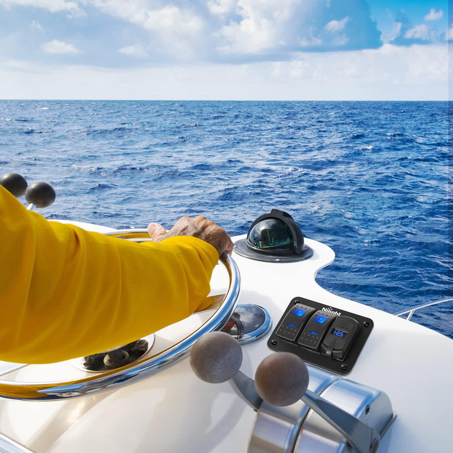 imageNilight  90116C 2 Gang Rocker Switch Panel with 48 Amp Dual USB Charger Voltmeter Waterproof 12V24V DC Rocker Switch with Night Glow Stickers for CarsTrucks Boats RVsBlueType C  USB Blue