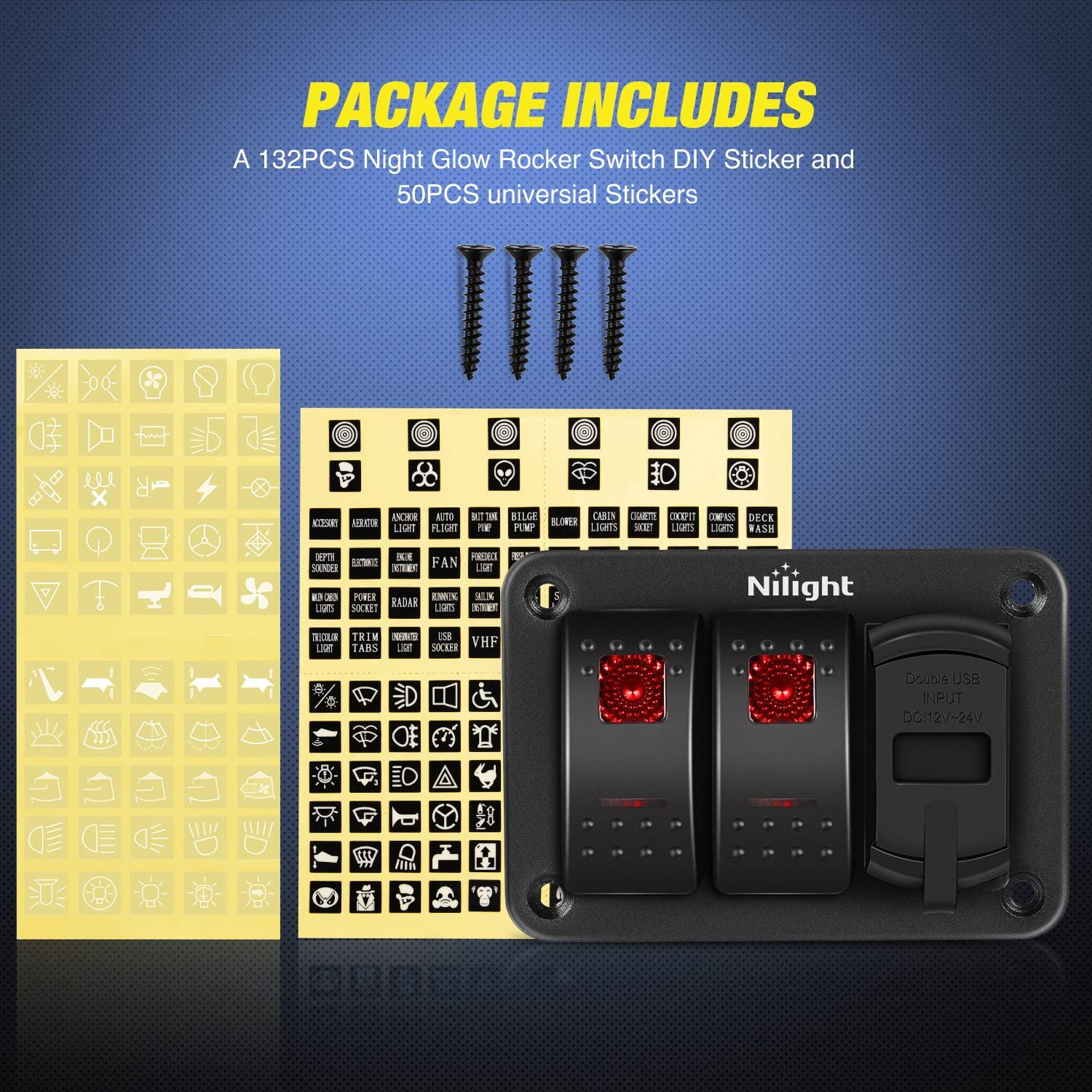 imageNilight  90116C 2 Gang Rocker Switch Panel with 48 Amp Dual USB Charger Voltmeter Waterproof 12V24V DC Rocker Switch with Night Glow Stickers for CarsTrucks Boats RVsBlueRed