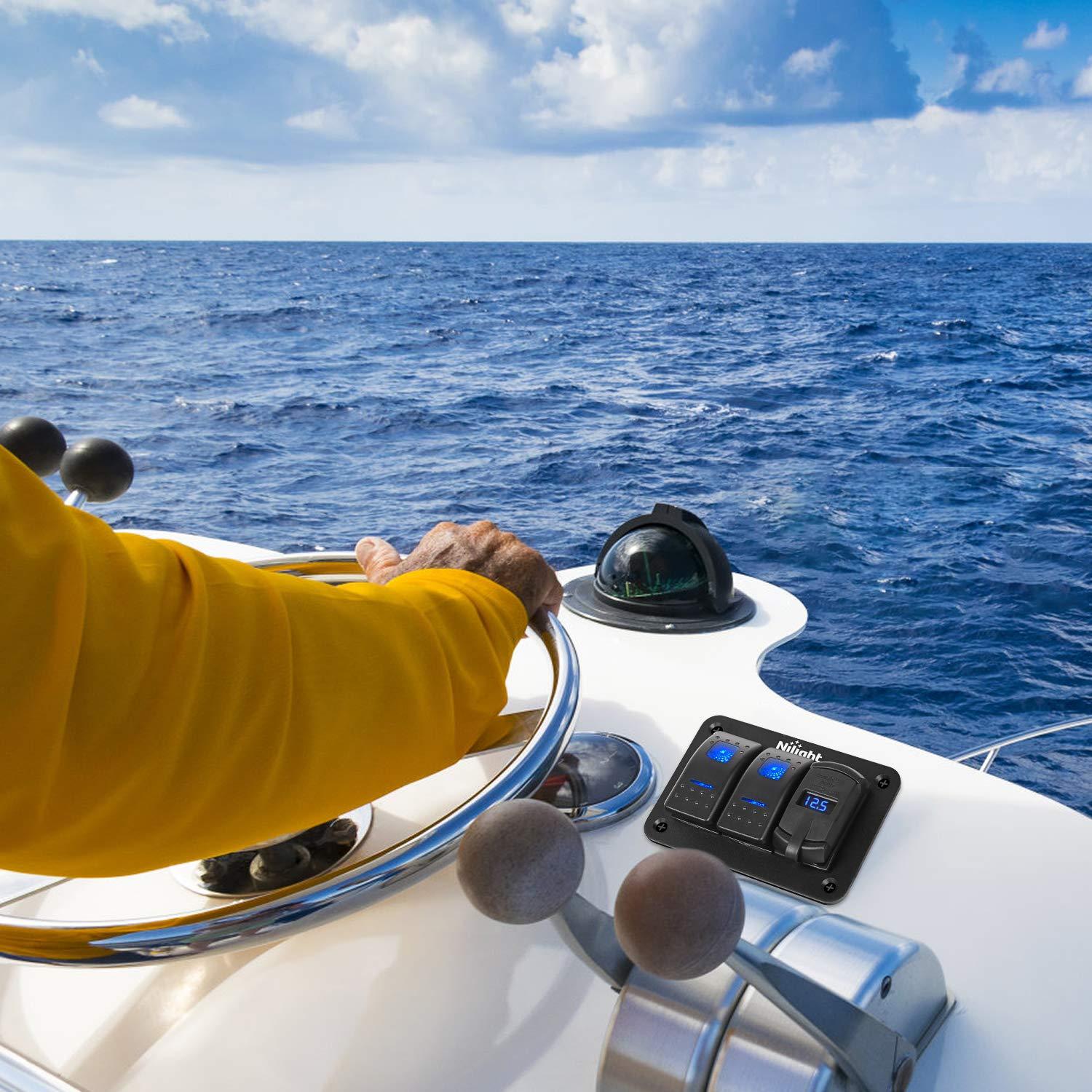 imageNilight  90116C 2 Gang Rocker Switch Panel with 48 Amp Dual USB Charger Voltmeter Waterproof 12V24V DC Rocker Switch with Night Glow Stickers for CarsTrucks Boats RVsBlueBlue