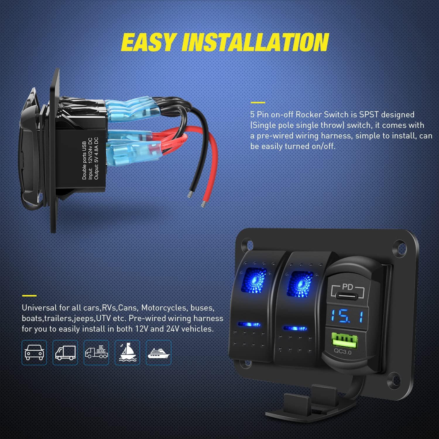 imageNilight  90116C 2 Gang Rocker Switch Panel with 48 Amp Dual USB Charger Voltmeter Waterproof 12V24V DC Rocker Switch with Night Glow Stickers for CarsTrucks Boats RVsBlueType C  USB Blue