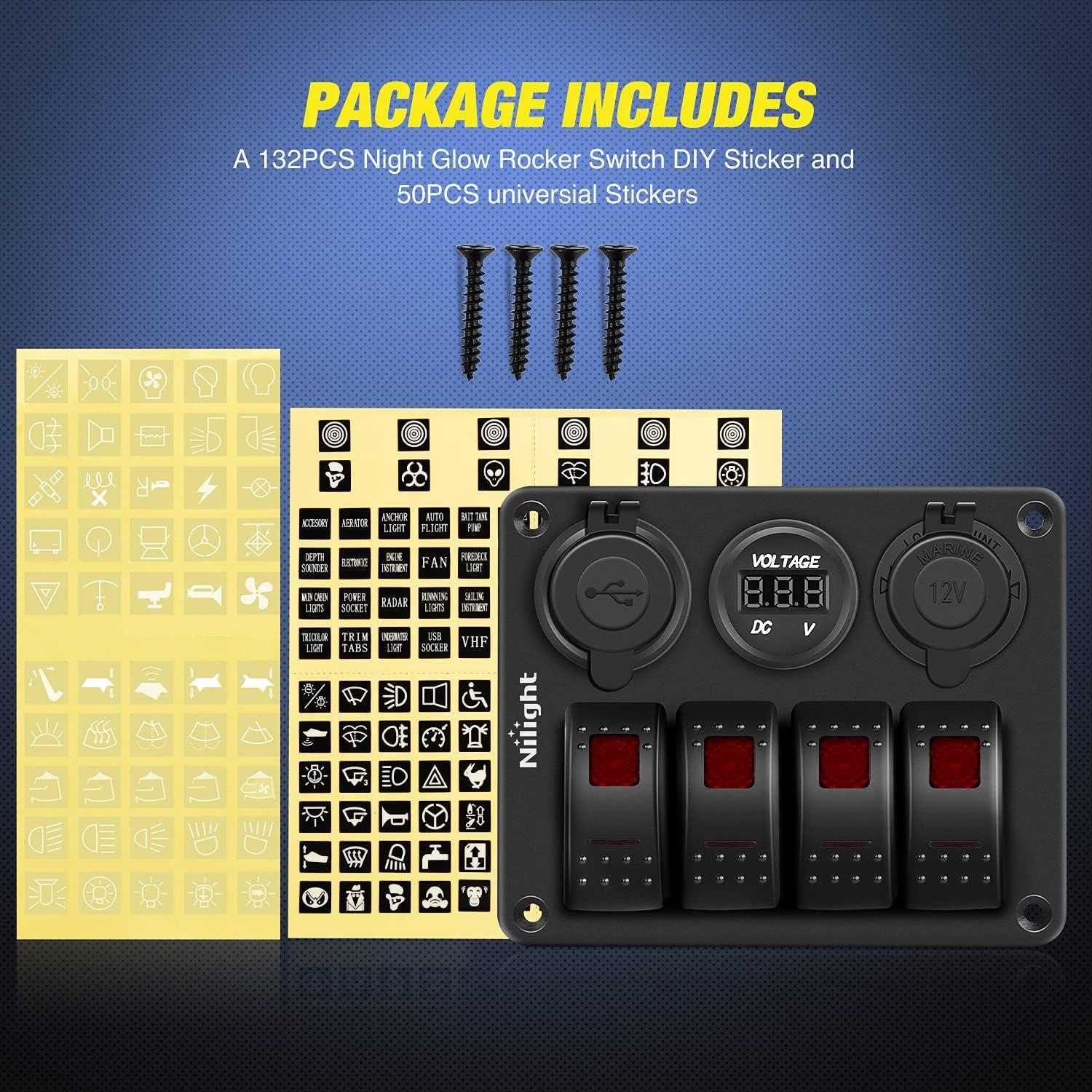 imageNilight  90117G 4 Gang Rocker Switch Panel Waterproof PreWired Aluminum Switch Panel with Dual USB Cigarette Lighter Socket Voltmeter12V24V DC ON Off Switch Panel for Cars Rvs Trucks BlueRed