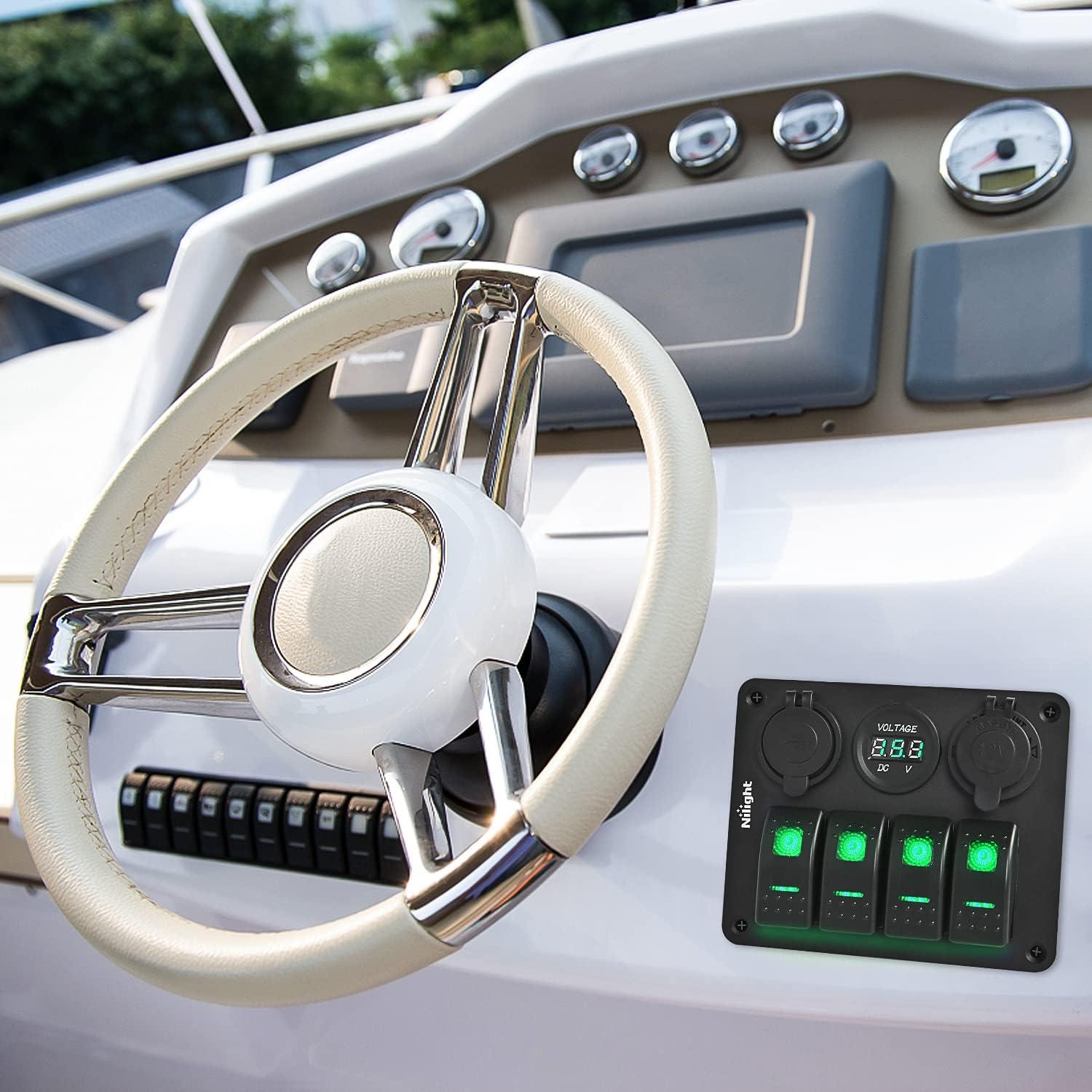 imageNilight  90117G 4 Gang Rocker Switch Panel Waterproof PreWired Aluminum Switch Panel with Dual USB Cigarette Lighter Socket Voltmeter12V24V DC ON Off Switch Panel for Cars Rvs Trucks BlueGreen