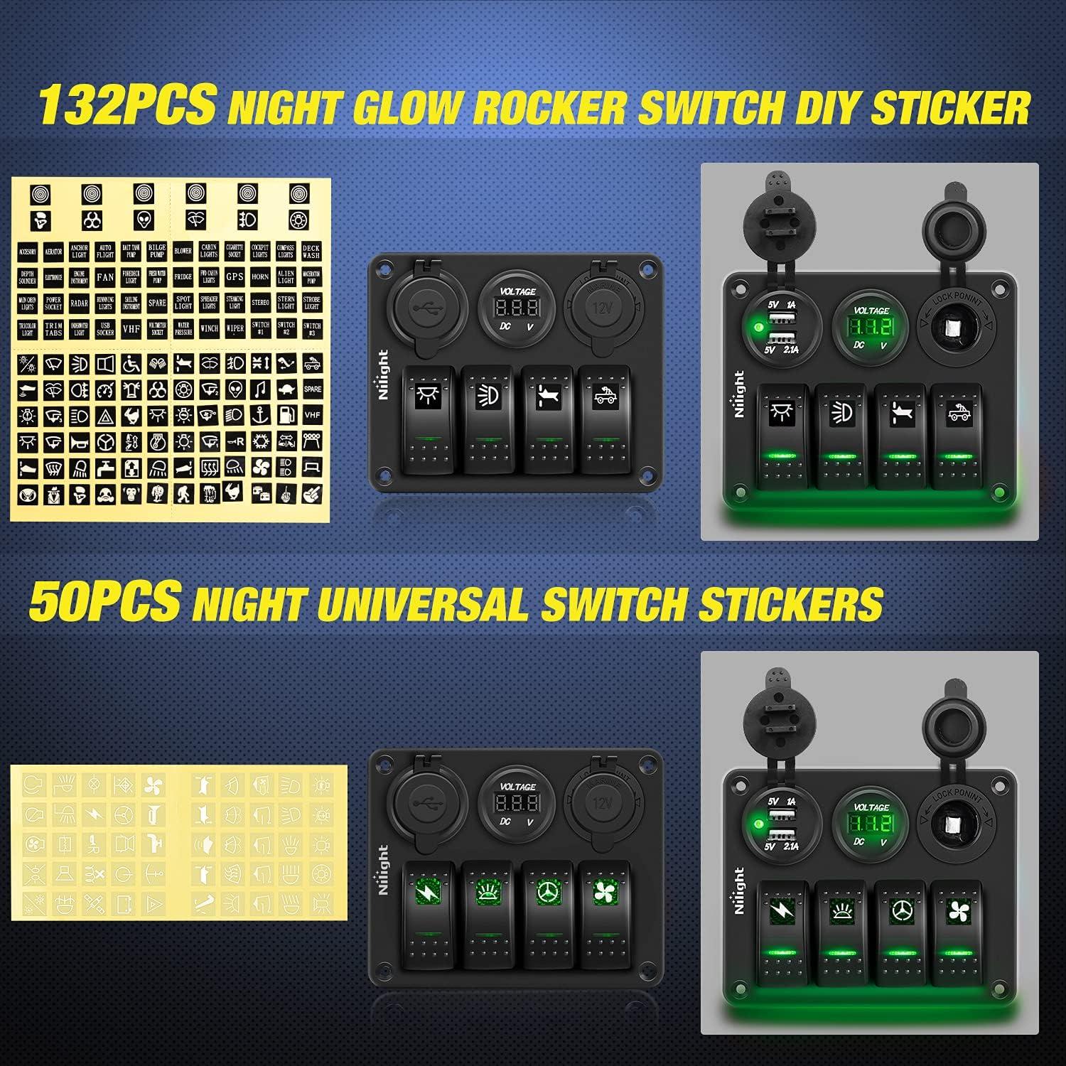 imageNilight  90117G 4 Gang Rocker Switch Panel Waterproof PreWired Aluminum Switch Panel with Dual USB Cigarette Lighter Socket Voltmeter12V24V DC ON Off Switch Panel for Cars Rvs Trucks BlueGreen