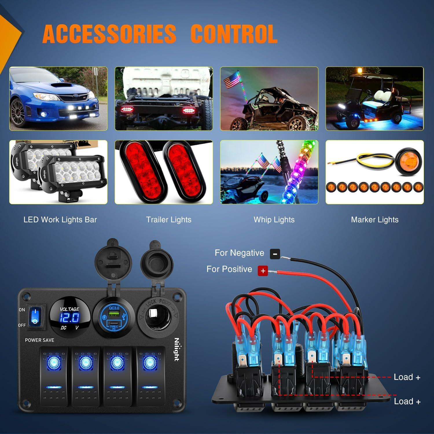 imageNilight  90117G 4 Gang Rocker Switch Panel Waterproof PreWired Aluminum Switch Panel with Dual USB Cigarette Lighter Socket Voltmeter12V24V DC ON Off Switch Panel for Cars Rvs Trucks BluePower Control Blue